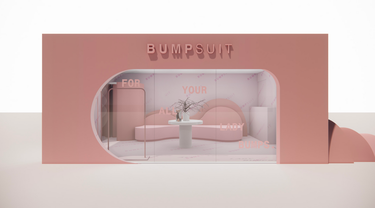 Pink BUMPSUIT pop-up shop interior rendering with curved displays, glass entrance, and central table