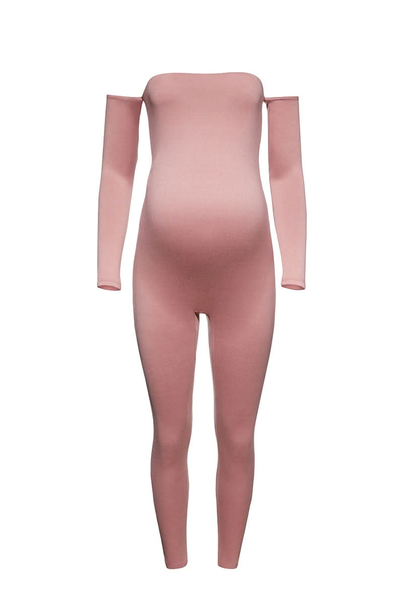 Bumpsuit Maternity the Bella Off Shoulder Long Sleeve Bumpsuit in Mauve