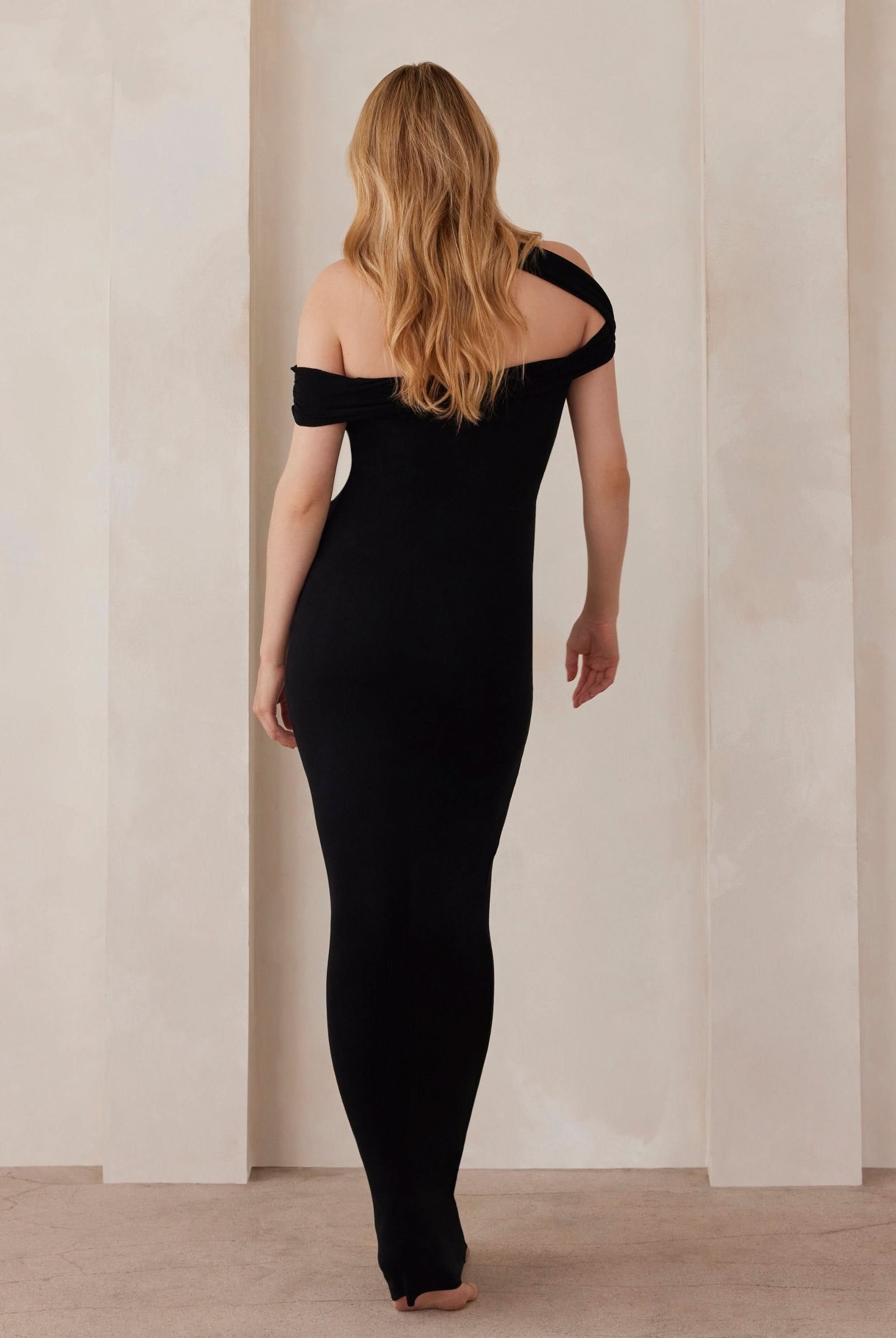 Bumpsuit Maternity Soft Rib Maxi Cross over evening dress in black