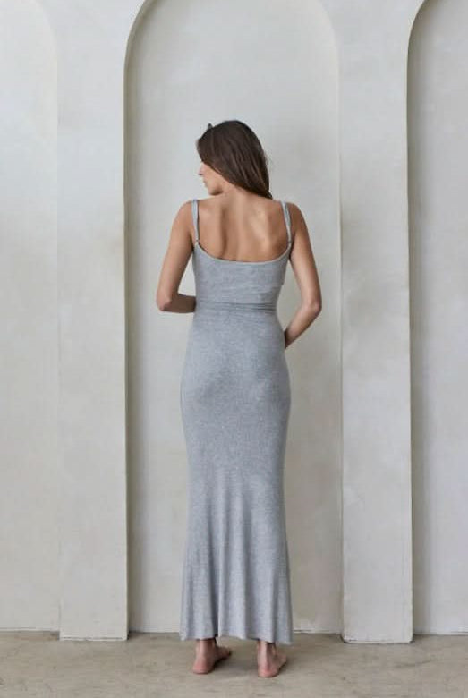 Bumpsuit Maternity Soft Rib Straight Neck Maxi Dress in Heather Grey