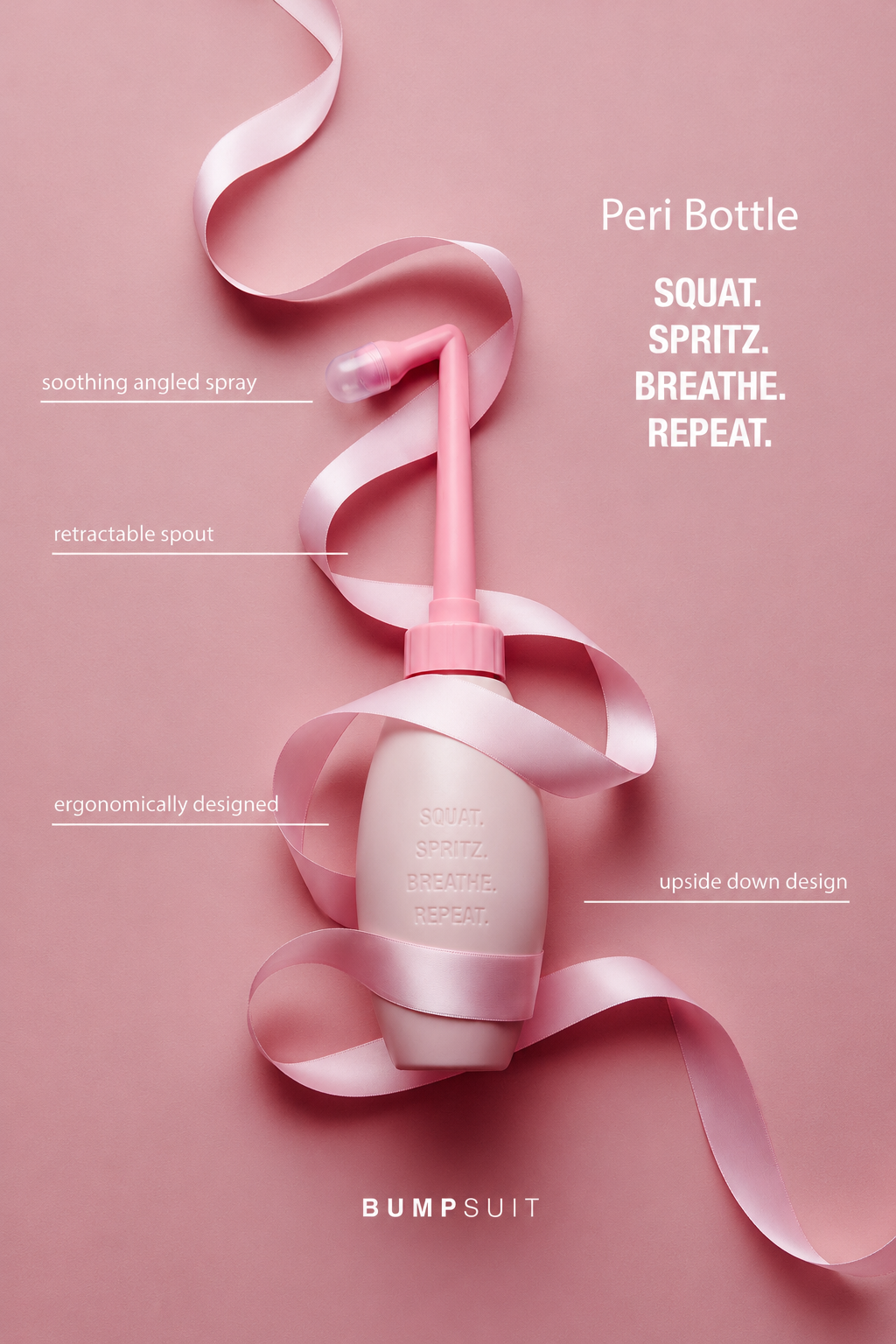 Peri bottle infographic labeled Squat Spritz Breathe Repeat with angled spray, retractable spout and upside down design