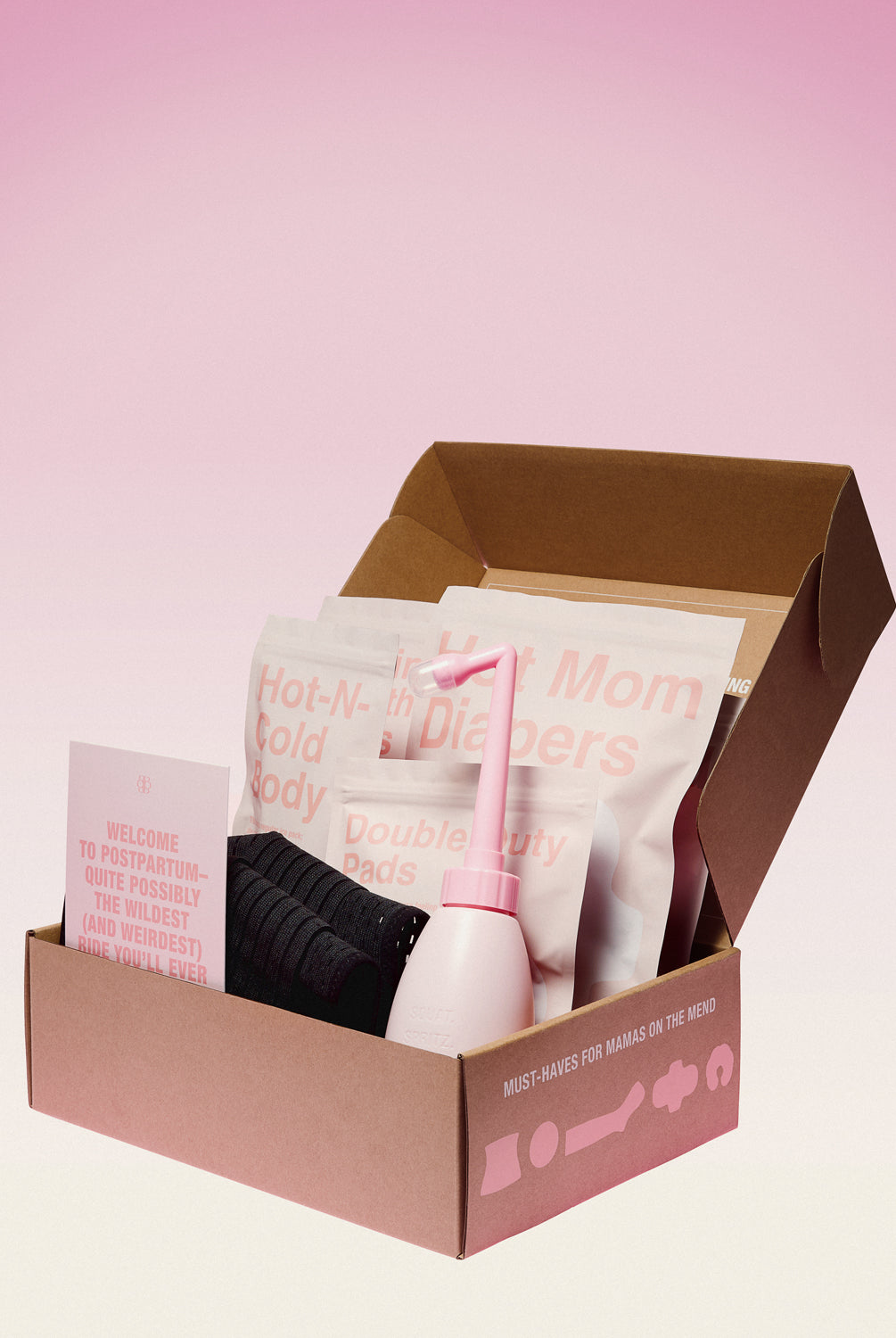 Box of women's post partum care products on a pink background