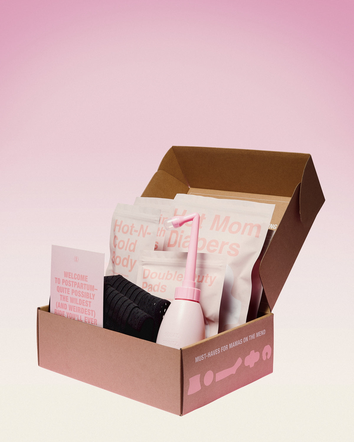 Box of women's post partum care products on a pink background