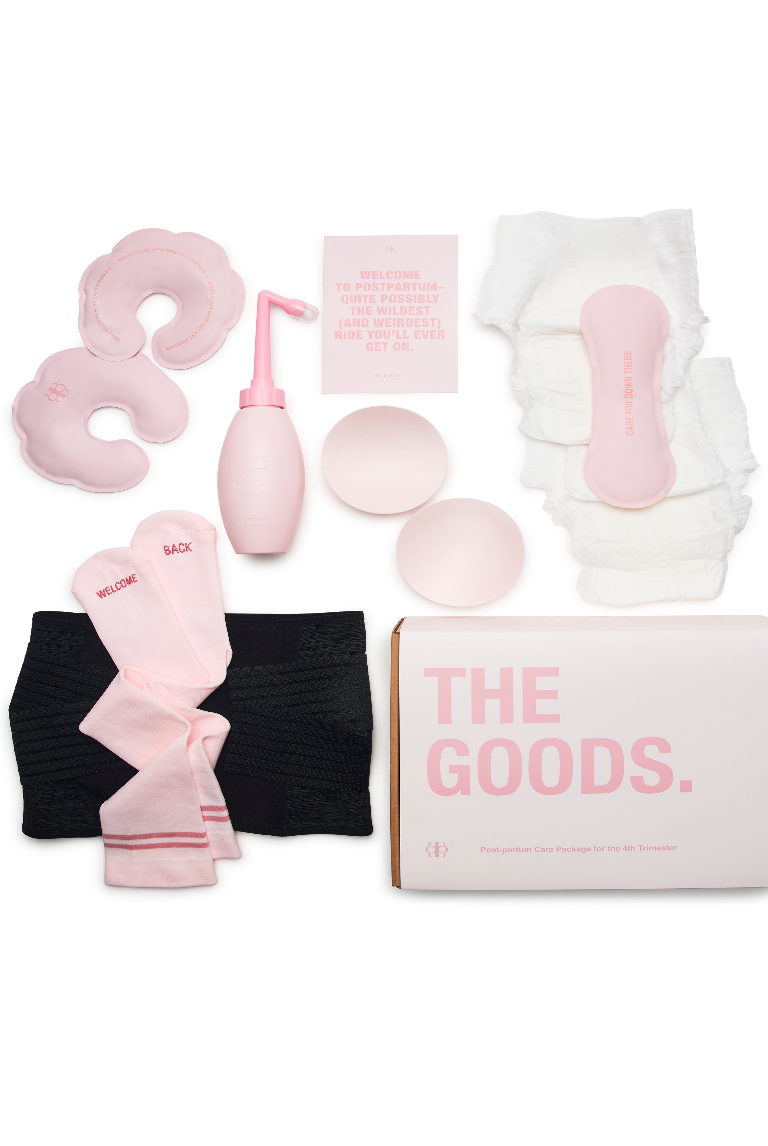 Collection of women's post party care products including a spray bottle, socks, and a box labeled 'The Goods' on a white background.