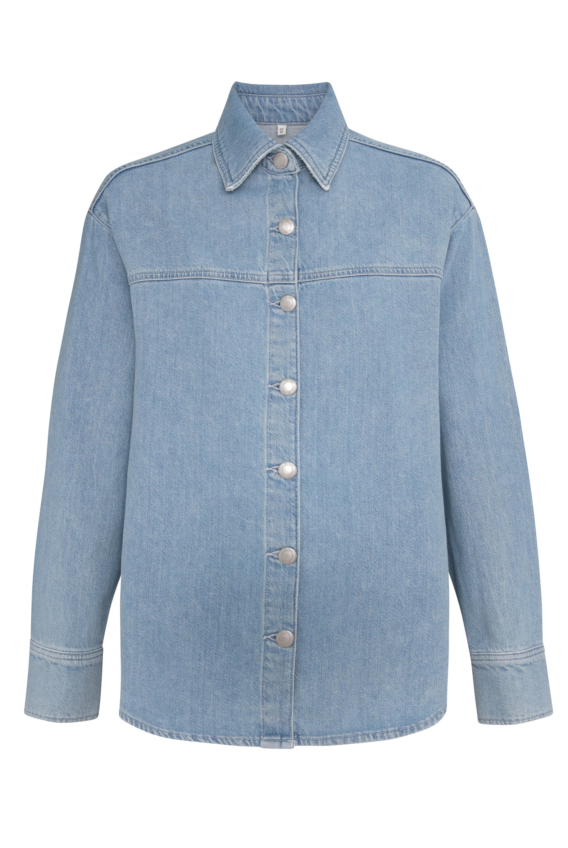 Light blue denim jacket on a white background