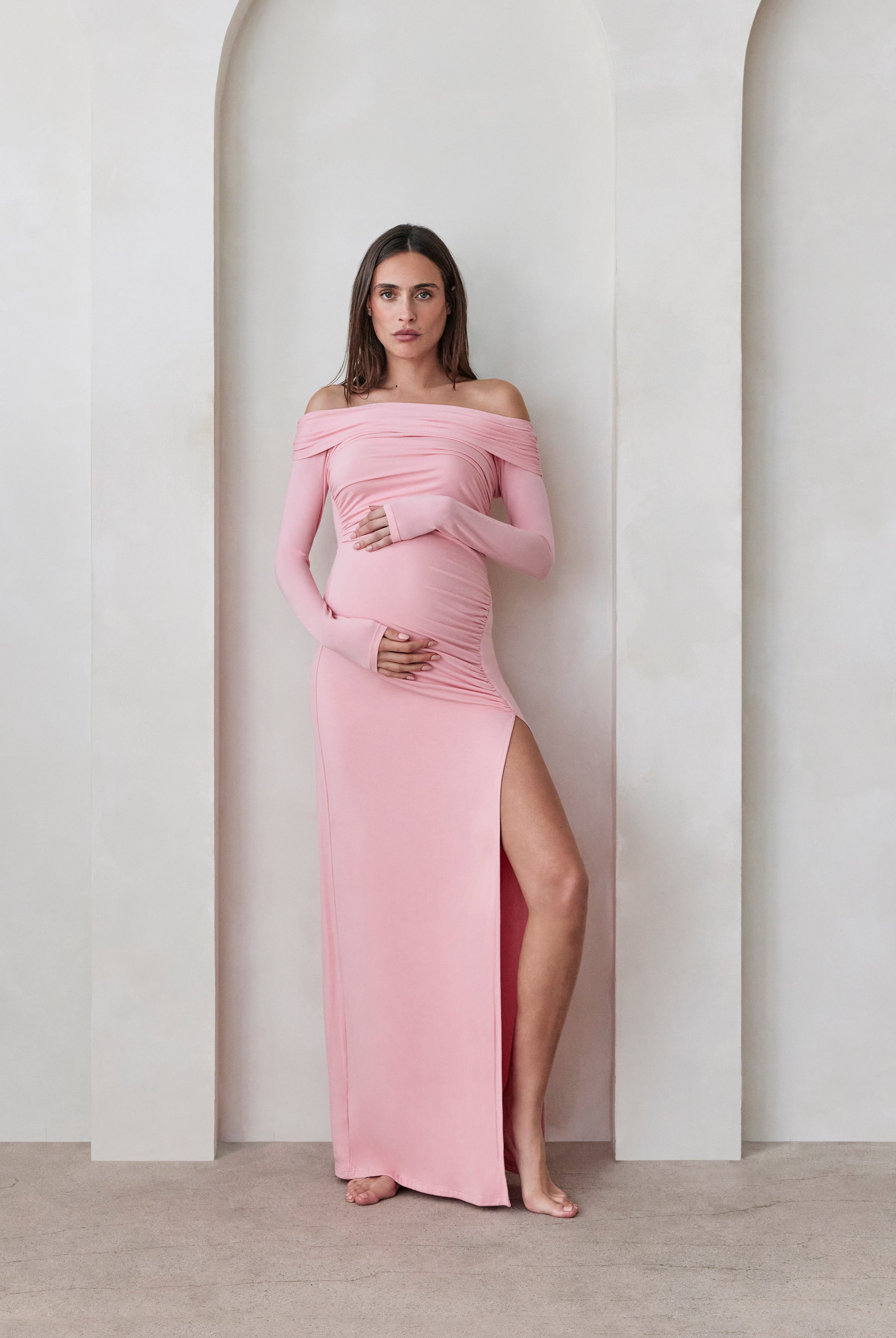 Bumpsuit off the shoulders evening dress in dusty pink