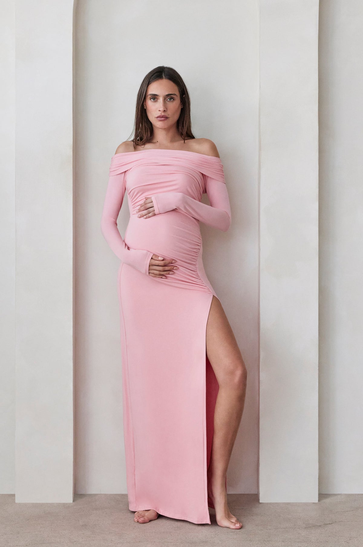 Bumpsuit off the shoulders evening dress in dusty pink