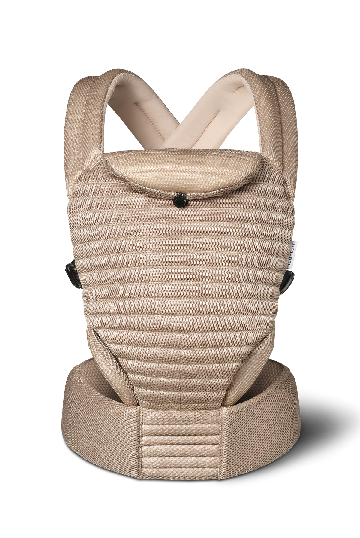 A mesh tan Bumpsuit baby carrier with a textured, ribbed front panel and padded shoulder straps, shown from the back against a white background.