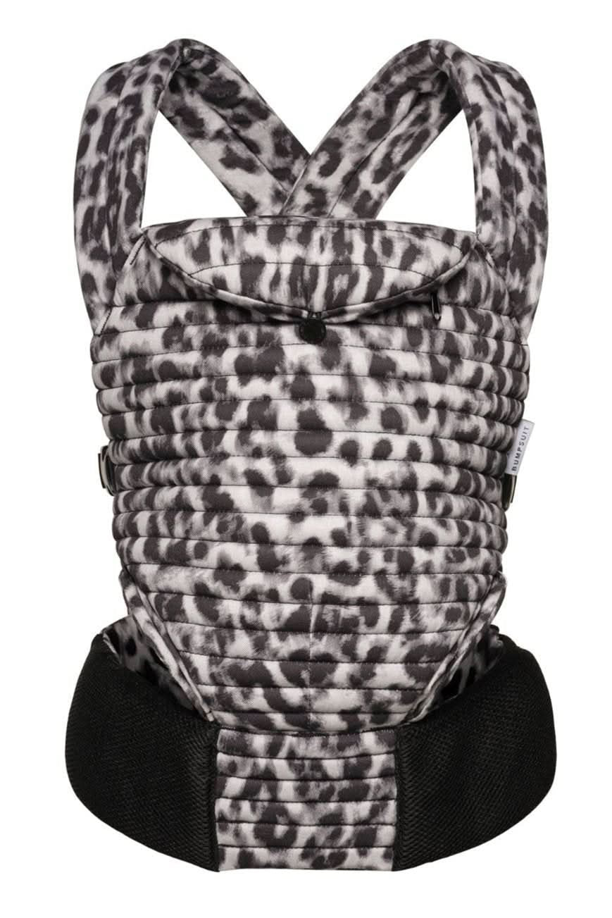 front view of the bumpsuit armadillo baby carrier in monochrome leopard print