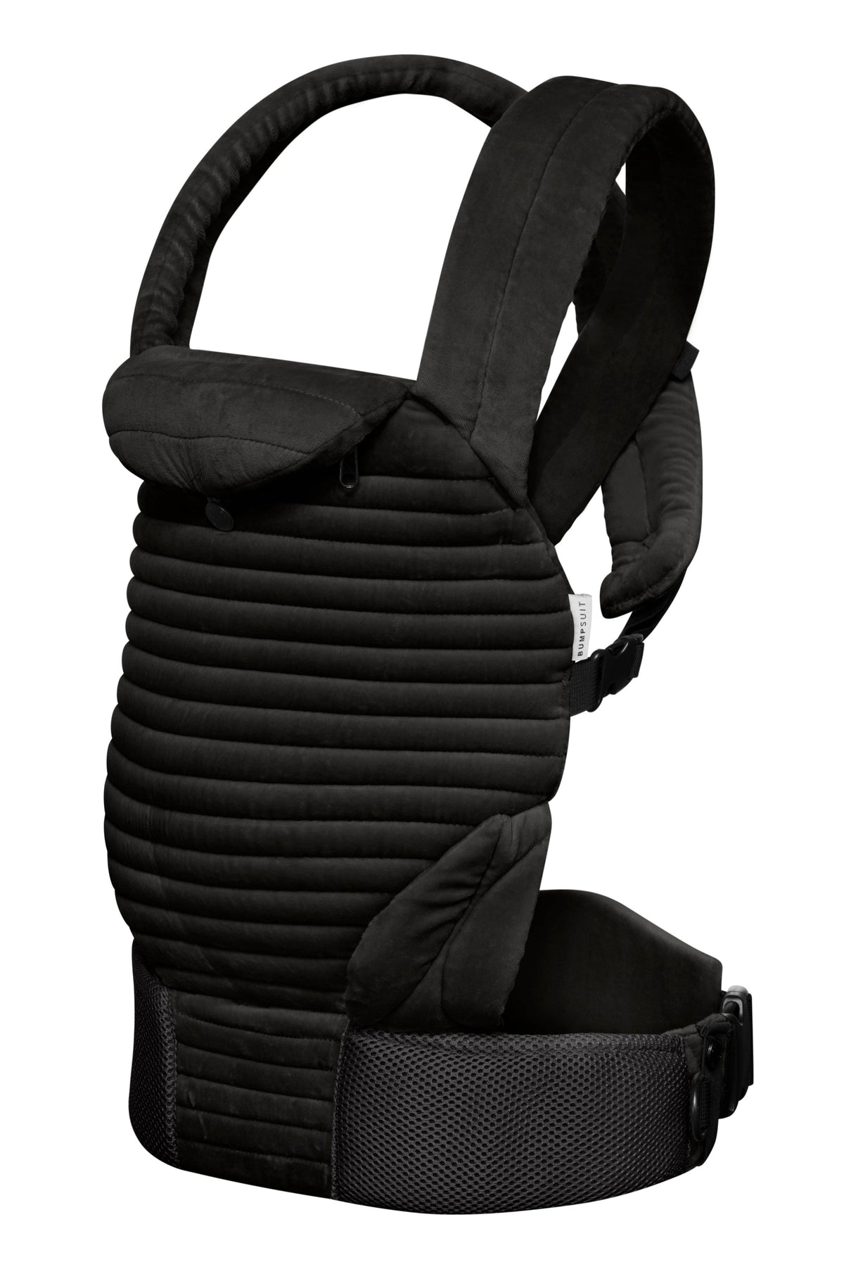 side view of the black velvet bumpsuit baby carrier on white background
