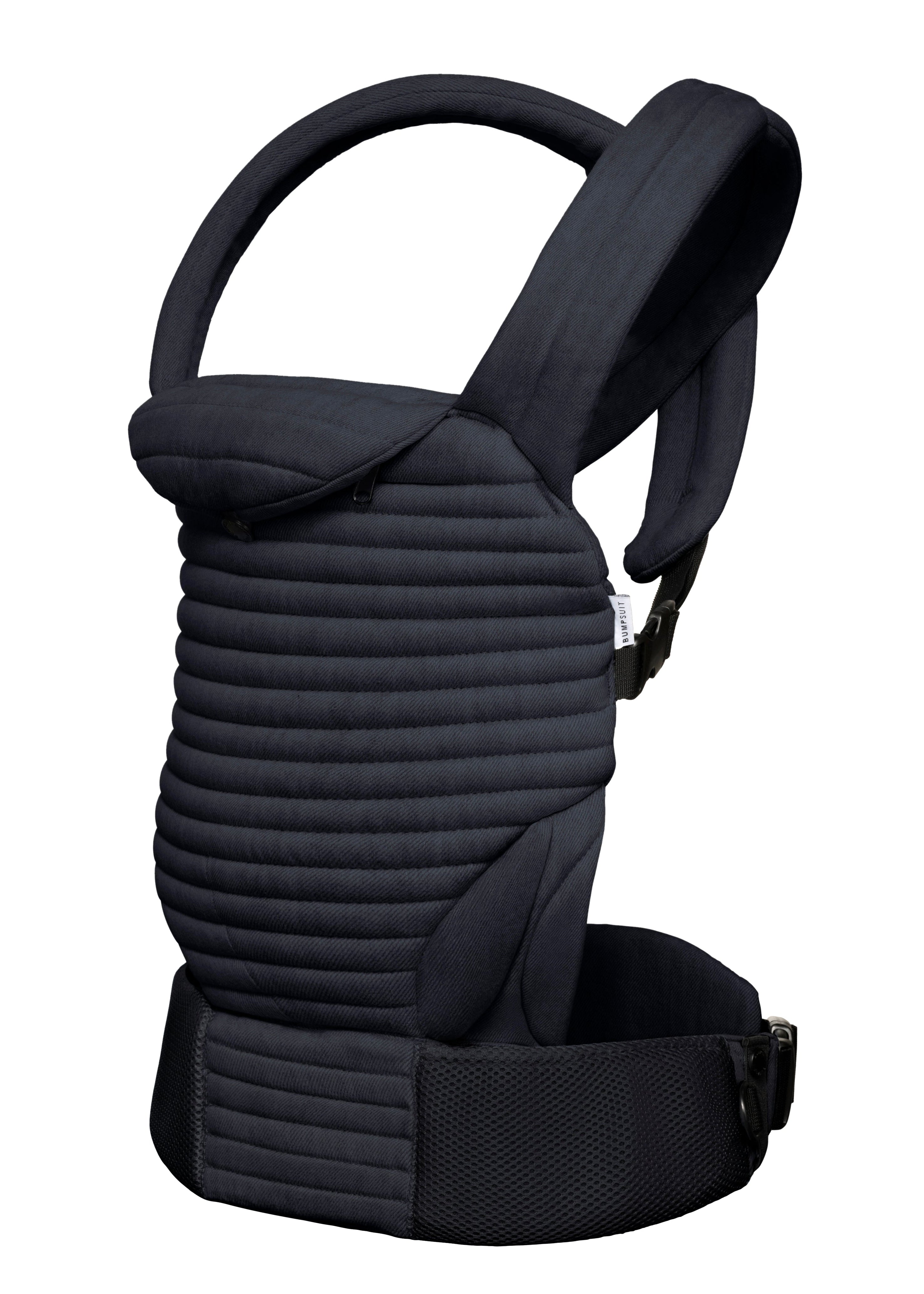 side view of the black baby carrier on a white background