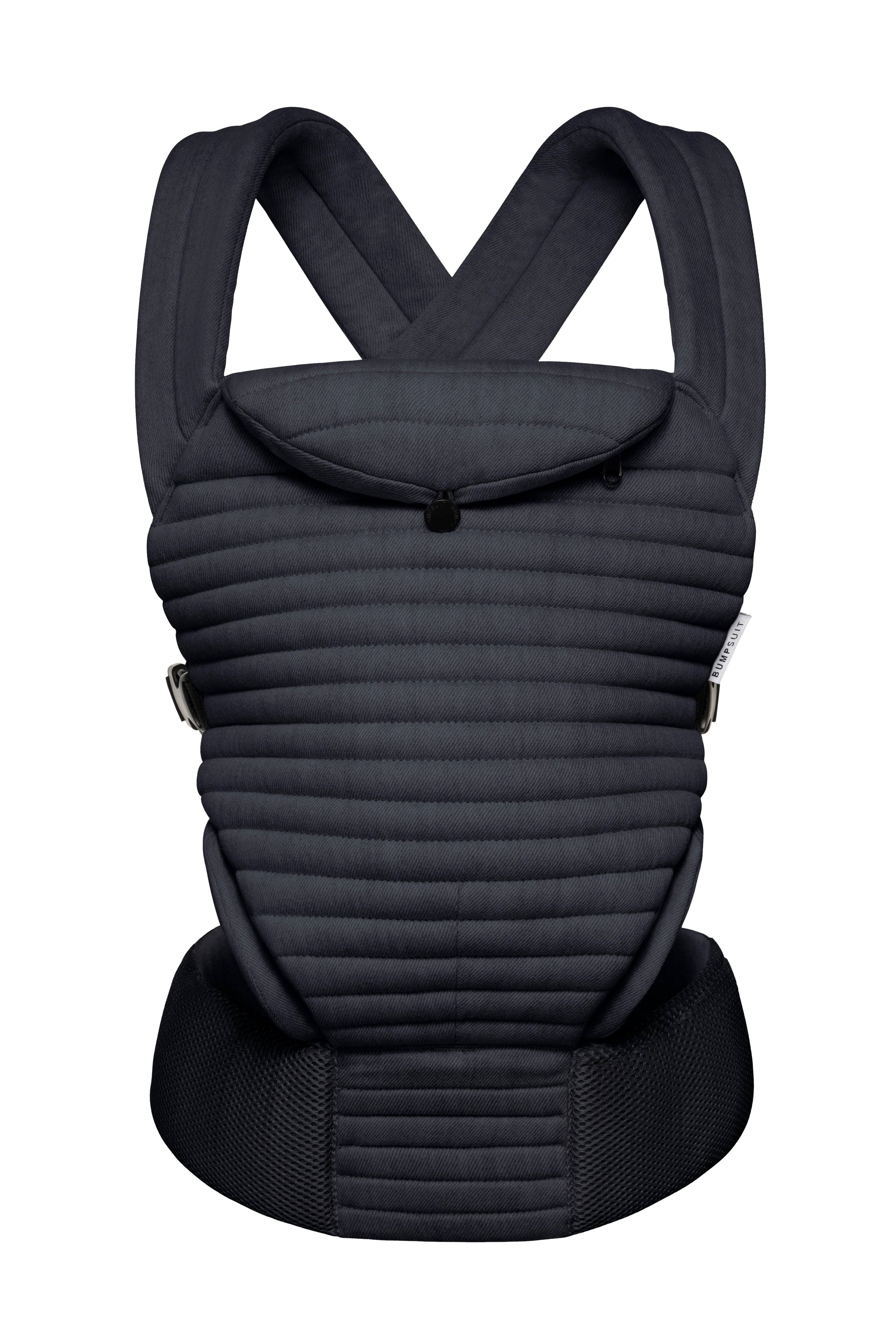 Black denim baby carrier on a white background