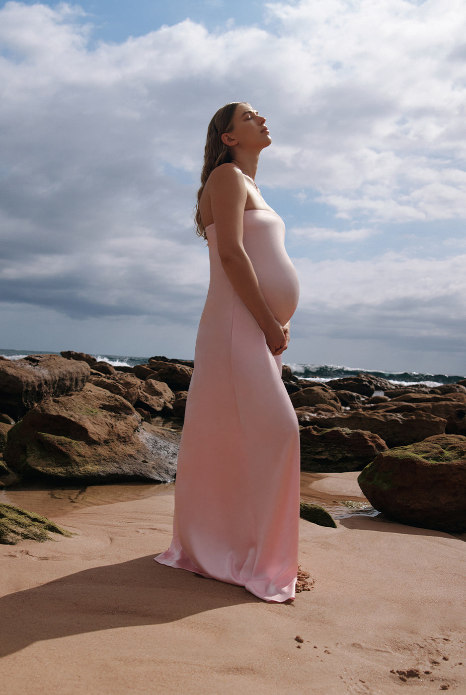 the brushed satin maternity gown in dusty pink