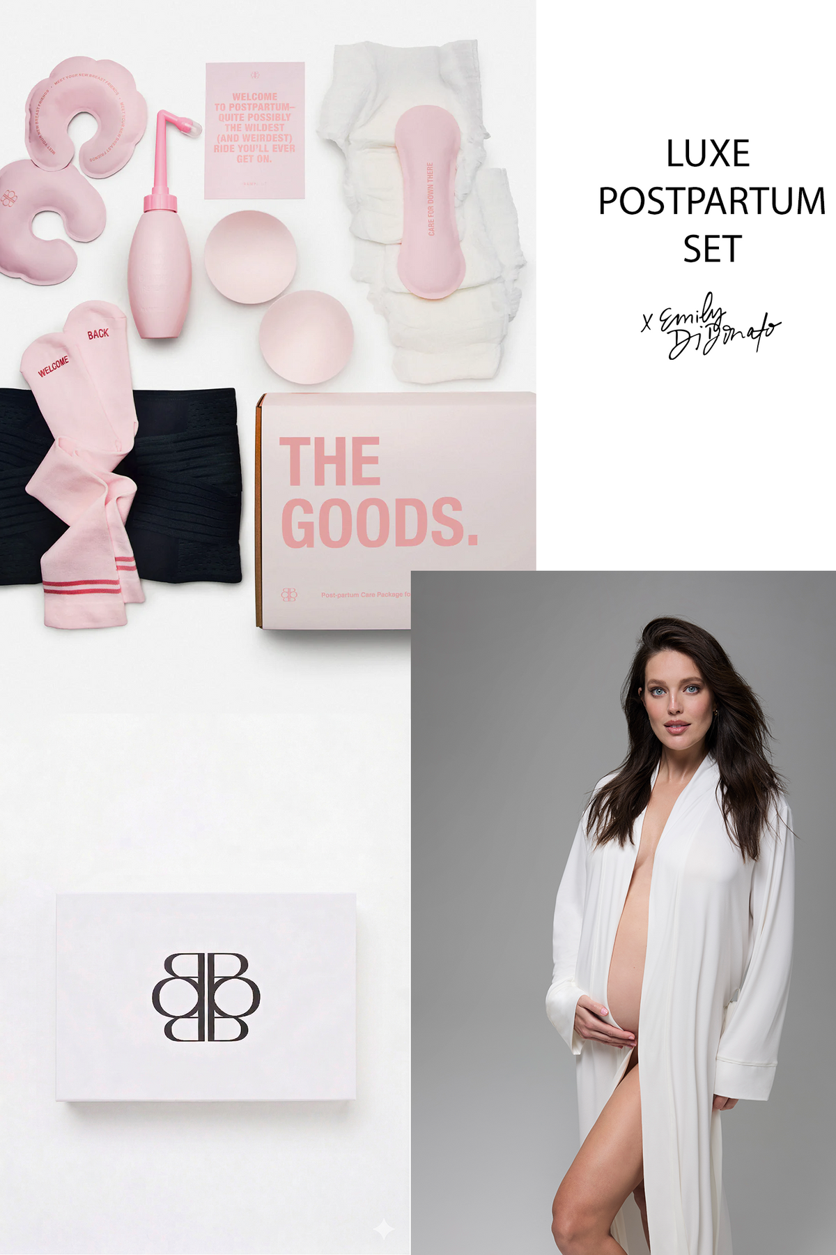 Luxe postpartum care set with pink items and a woman in a white Bumpsuit cloud robe.