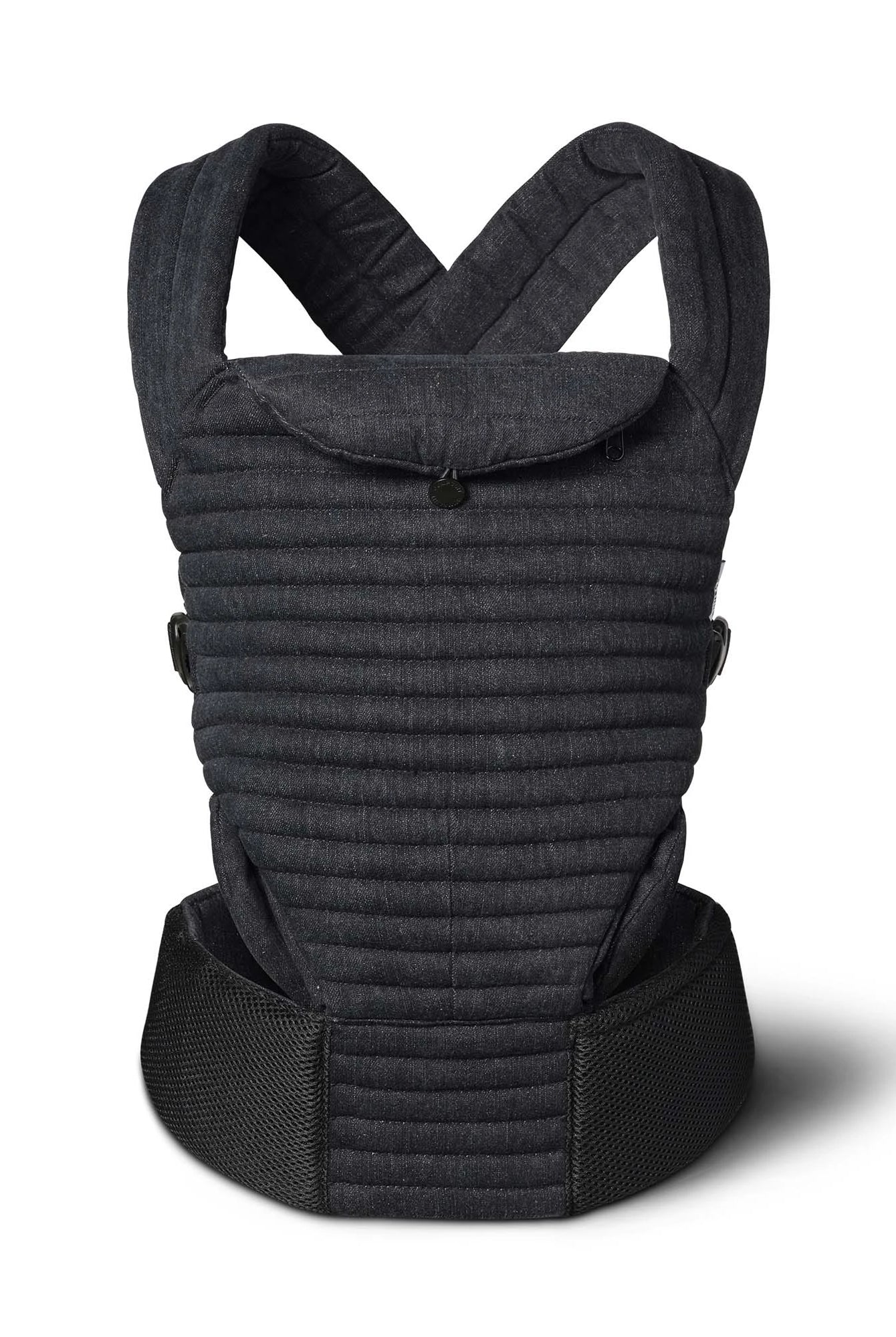 A Bumpsuit black denim baby carrier with a padded front panel, adjustable shoulder straps, and a wide waist belt, shown on a white background with a soft shadow.