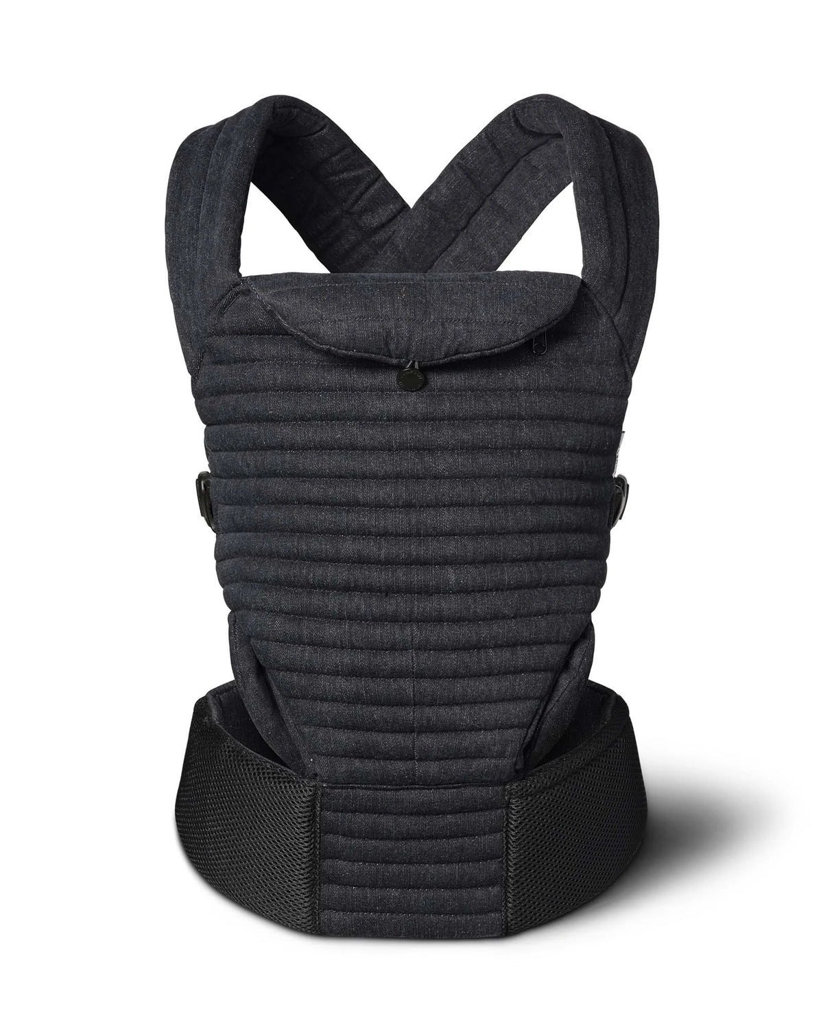 A Bumpsuit black denim baby carrier with a padded front panel, adjustable shoulder straps, and a wide waist belt, shown on a white background with a soft shadow.