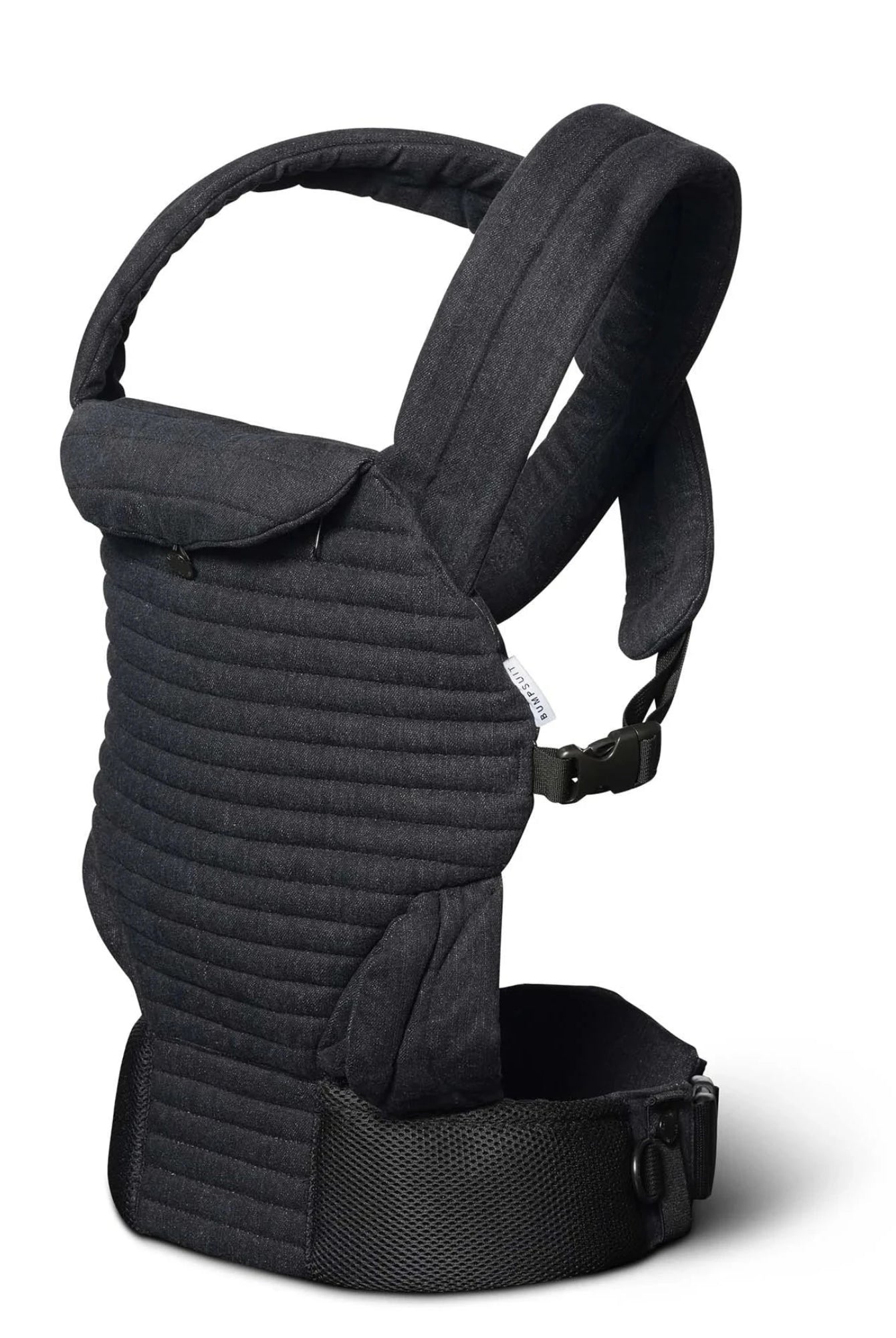 A black denim quilted baby carrier with padded shoulder straps and a breathable waist belt, shown from a three-quarter angle on a white background.