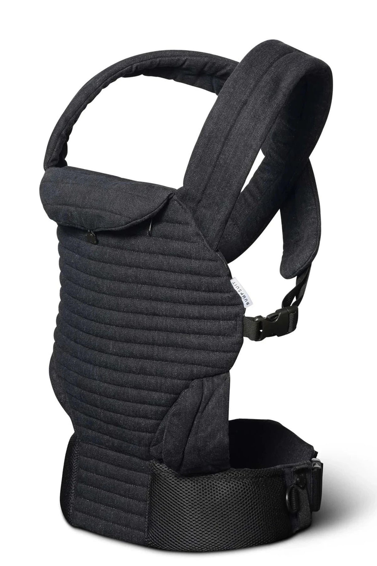 A Bumpsuit black denim quilted baby carrier with padded shoulder straps and a breathable waist belt, shown from a three-quarter angle on a white background.