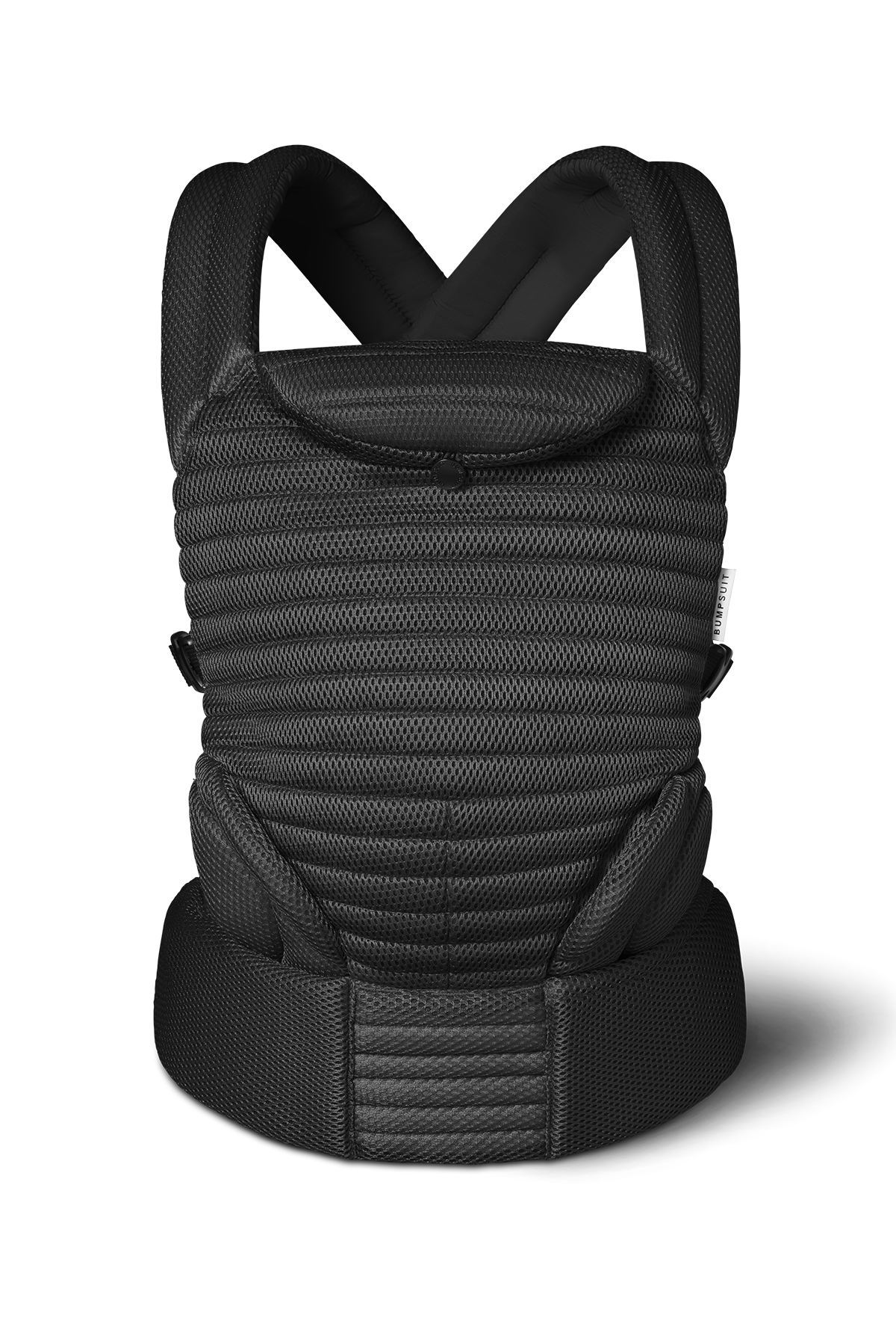 The Bumpsuit black mesh armadillo baby carrier from a front view, shot against a white background.