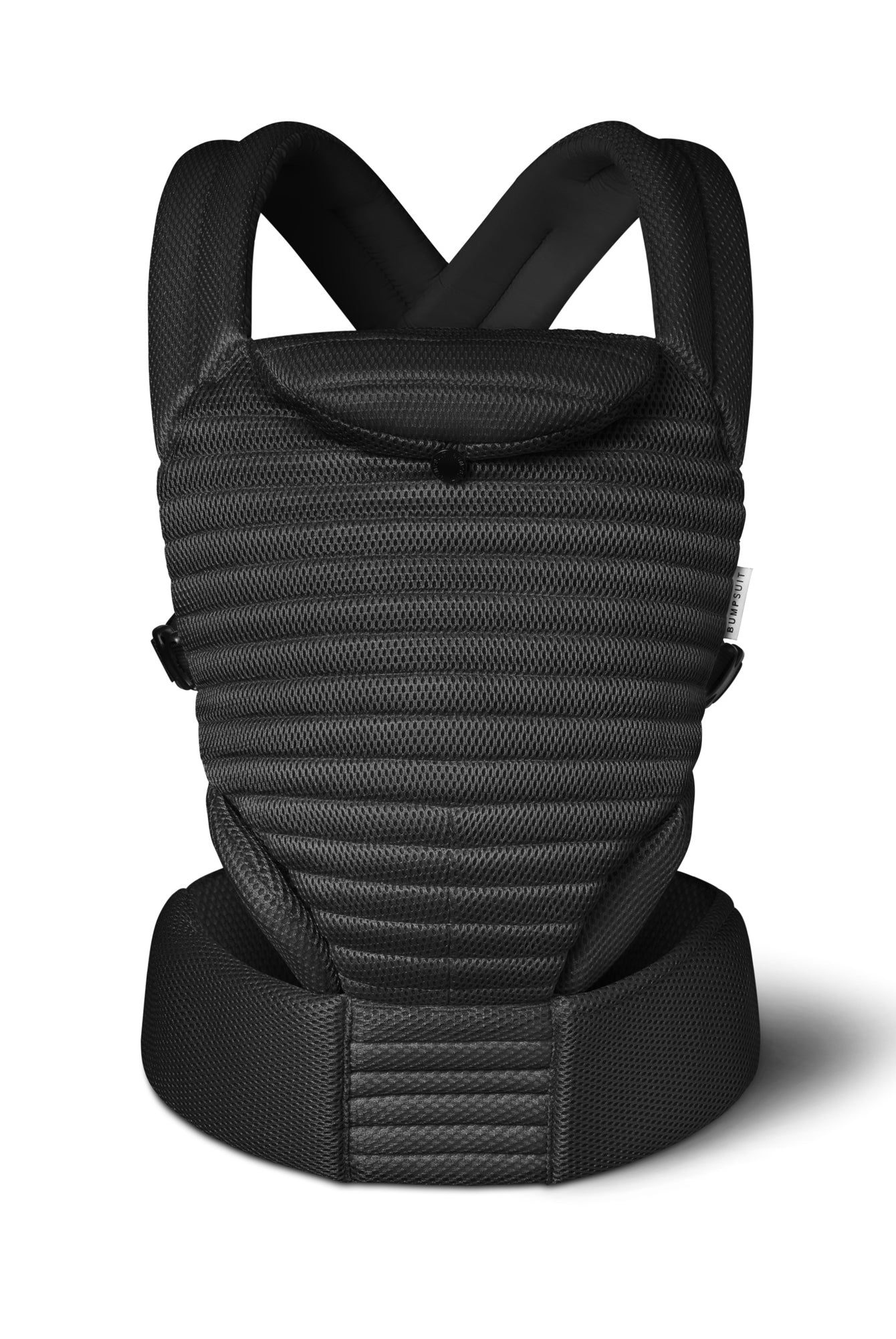 the Bumpsuit black mesh baby carrier with hidden leg guards, shot on a front view against a white background
