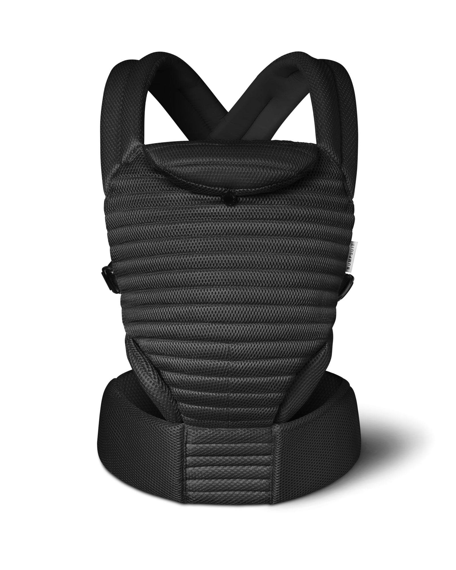 the Bumpsuit black mesh baby carrier shot on a front view against a white background
