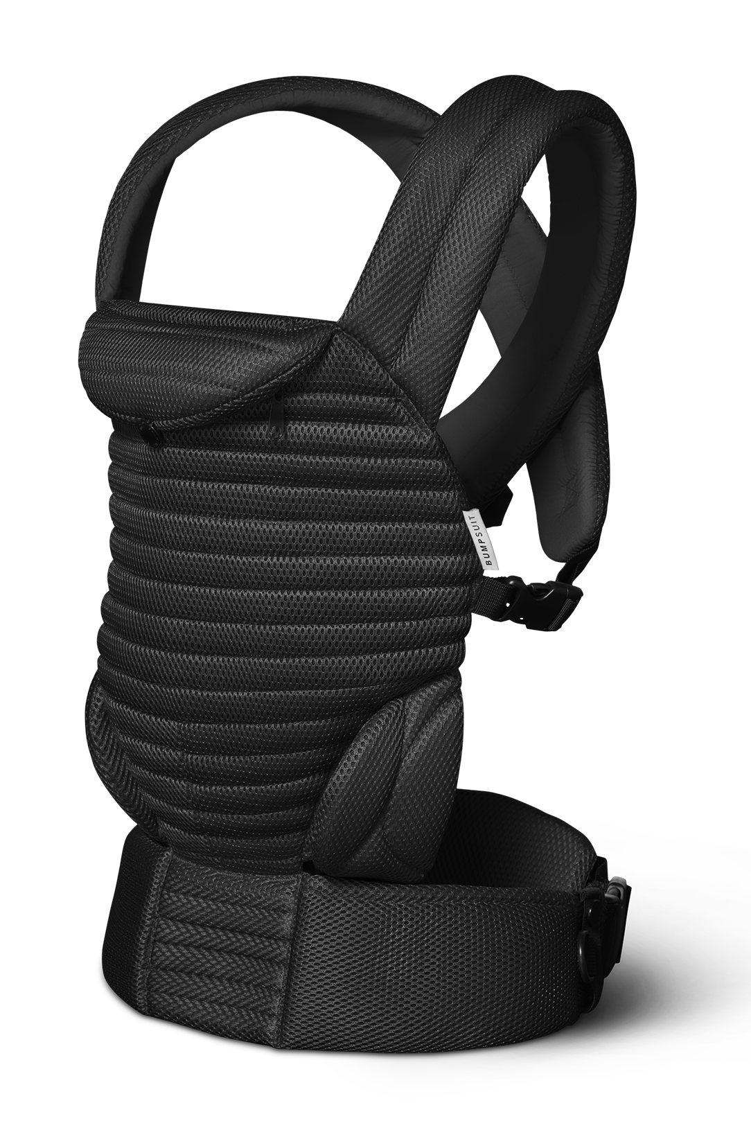 A side view of the Bumpsuit black mesh baby carrier with padded adjustable shoulder straps, adjustable waist belt, shown on a clean white background.