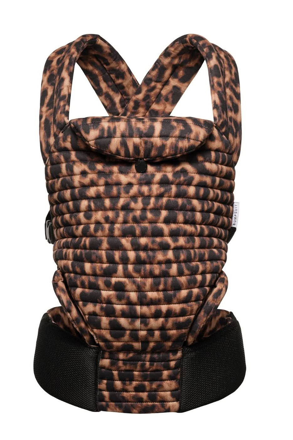 front view of the bumpsuit armadillo baby carrier in leopard print