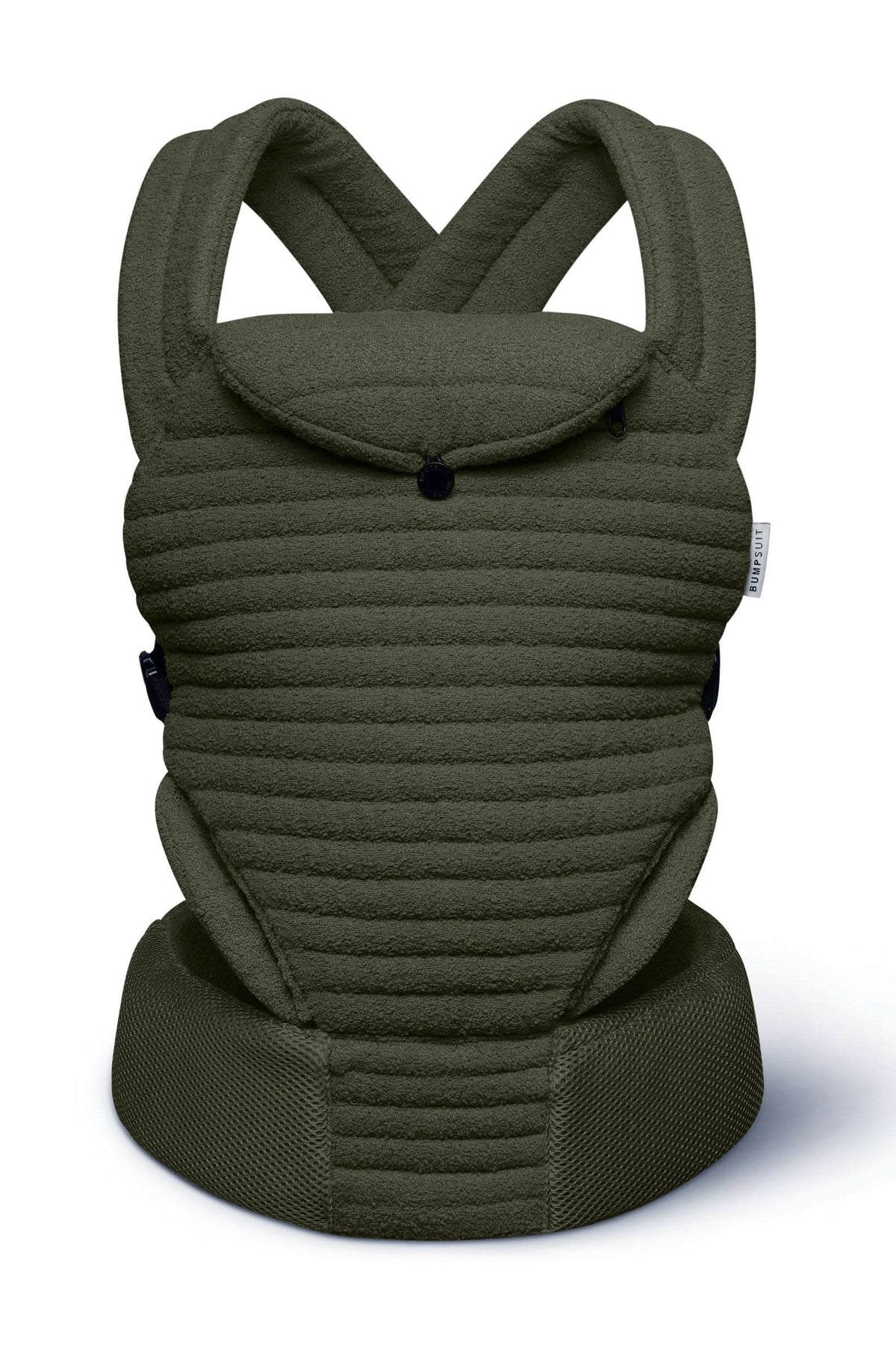front view of the forest green bumpsuit baby carrier