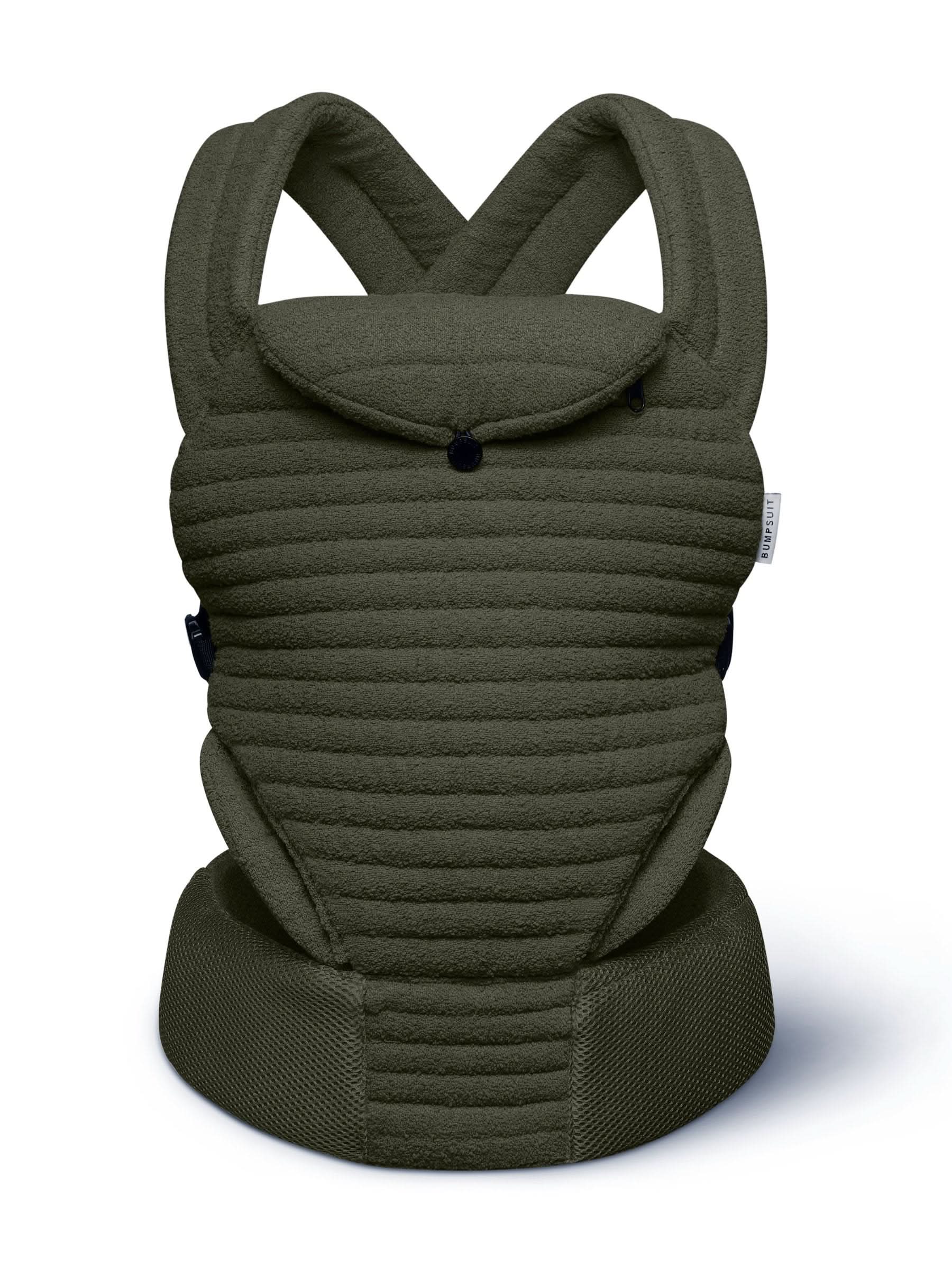 front view of the forest green bumpsuit baby carrier