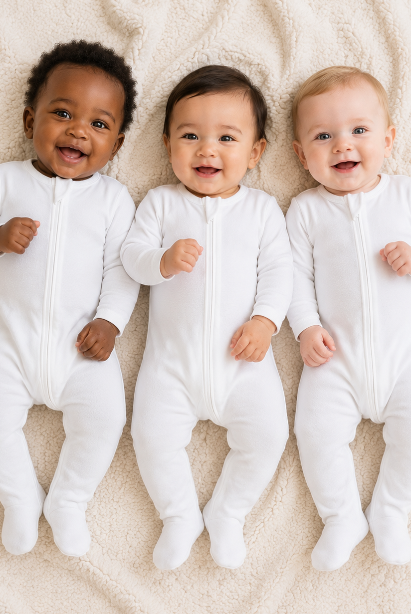 Three babies in white onesies lying on a soft surface