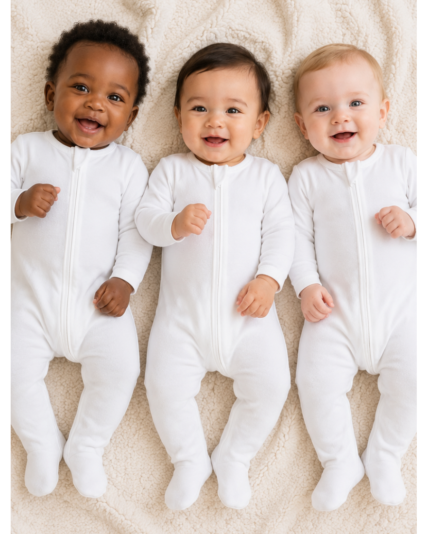 Three babies in white onesies lying on a soft surface