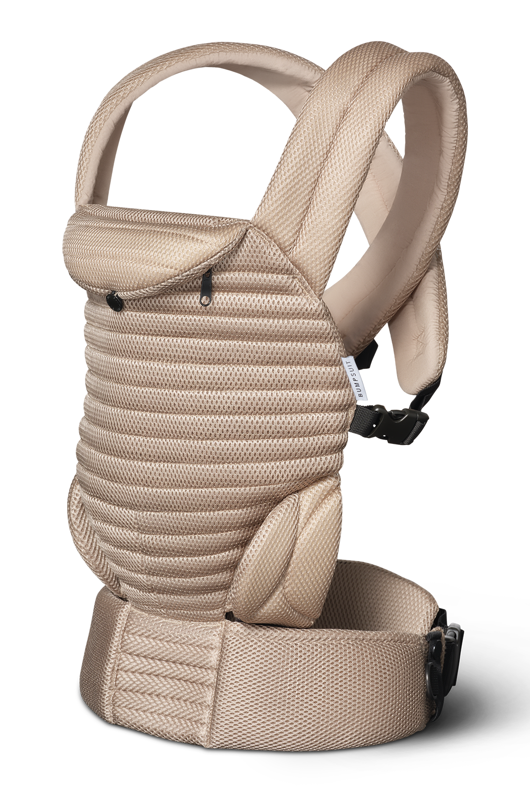 A tan mesh Bumpsuit armadillo baby carrier with a textured mesh fabric, padded shoulder straps, and black plastic buckle closures, shown against a plain white background.