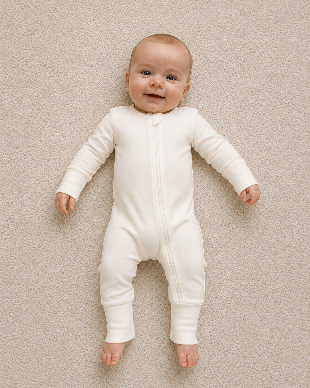 Baby wearing a white onesie lying on a beige carpet