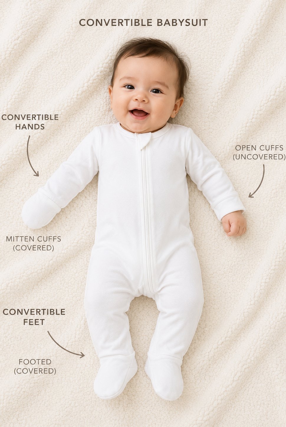Baby wearing a white convertible babysuit on a beige blanket with feature labels.