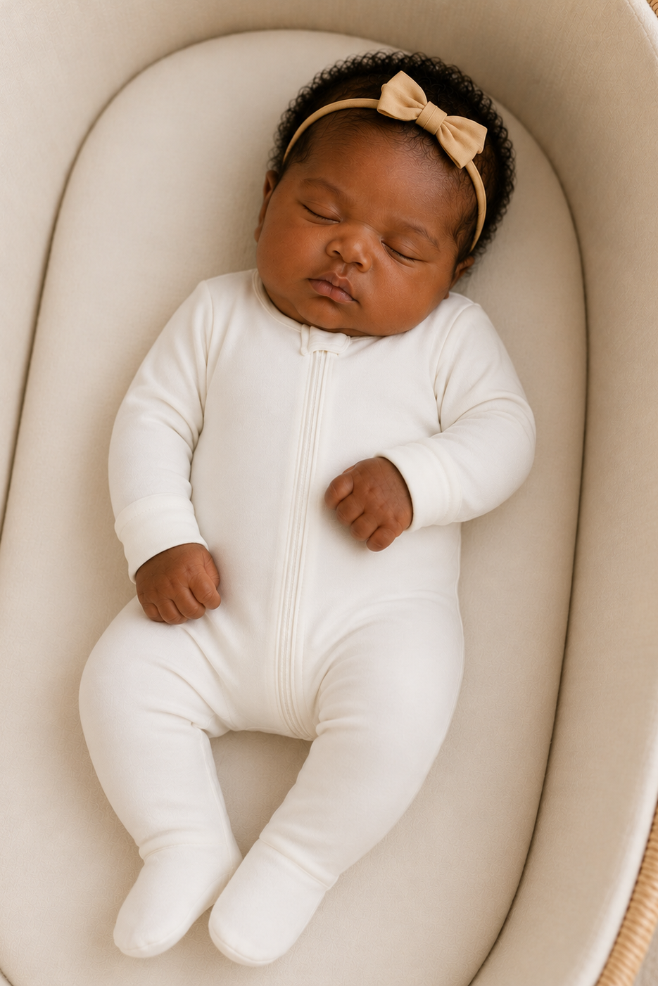 Top view of a soft white Babysuit Cloud Onesie showcasing long sleeves and footed design on a sleeping baby in a beige bassinet