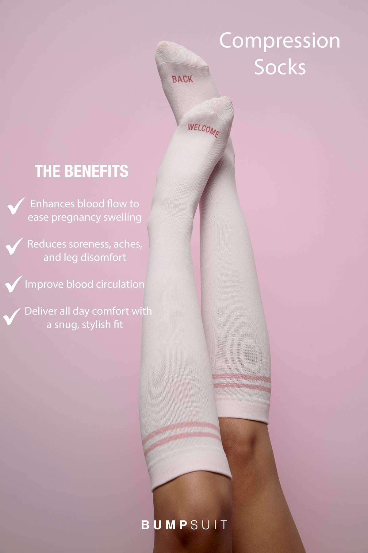 Infographic showing compression socks benefits including improved circulation, reduced swelling and leg discomfort, and all day comfort