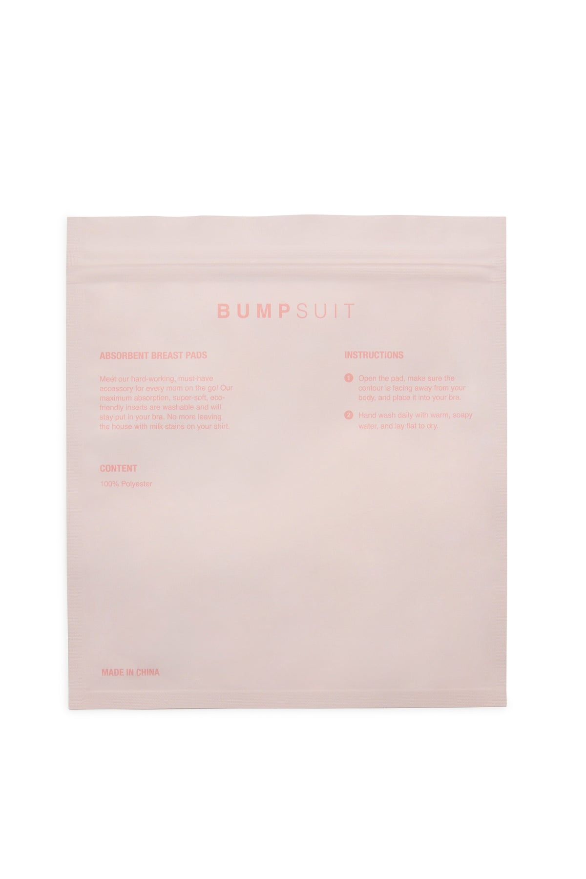 BUMPSUIT absorbent breast pads insert showing use and care instructions and 100% polyester content