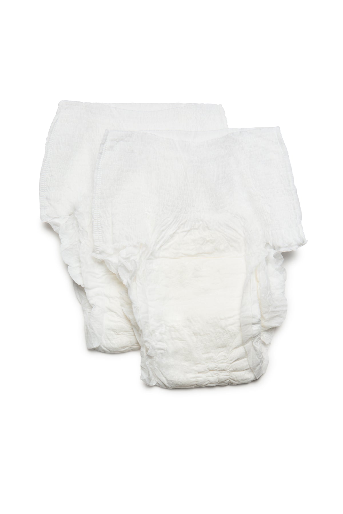Front view of HOT MOM DIAPERS disposable postpartum panties in ivory, showing two briefs with elastic waistbands on a white background