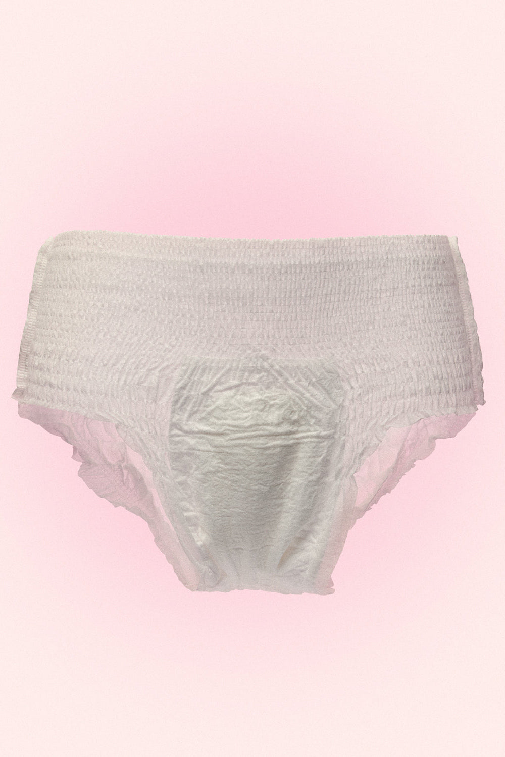 Front view of HOT MOM DIAPERS disposable postpartum panties showcasing full coverage and elastic waistband against a pale pink background
