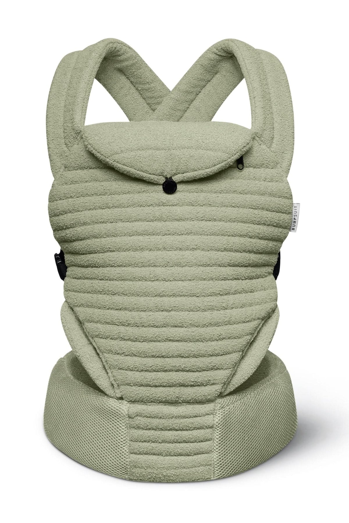 front view matcha green armadillo baby carrier by Bumpsuit on a white background