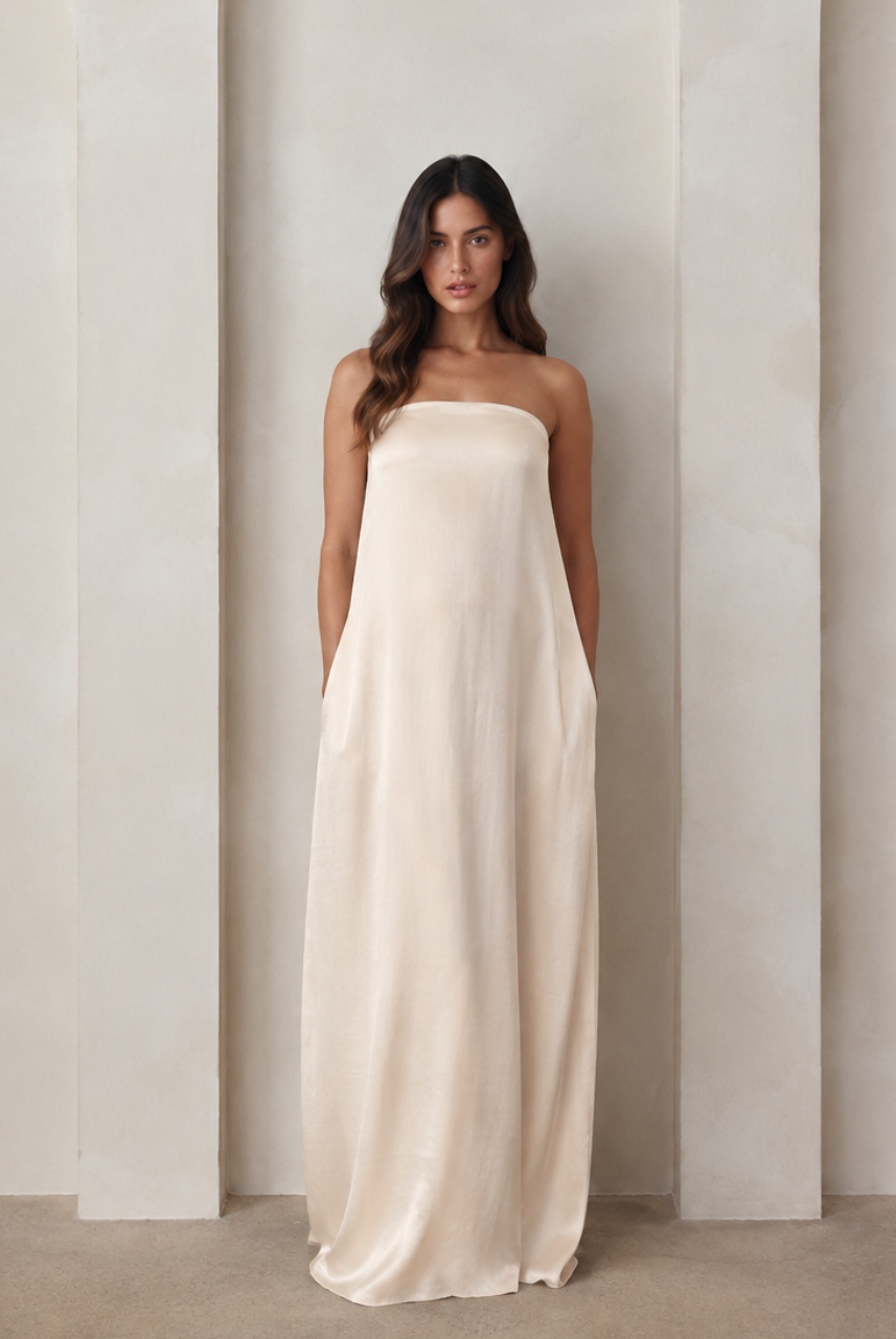 Pregnant woman wearing a Bumpsuit brushed satin gown in champagne color