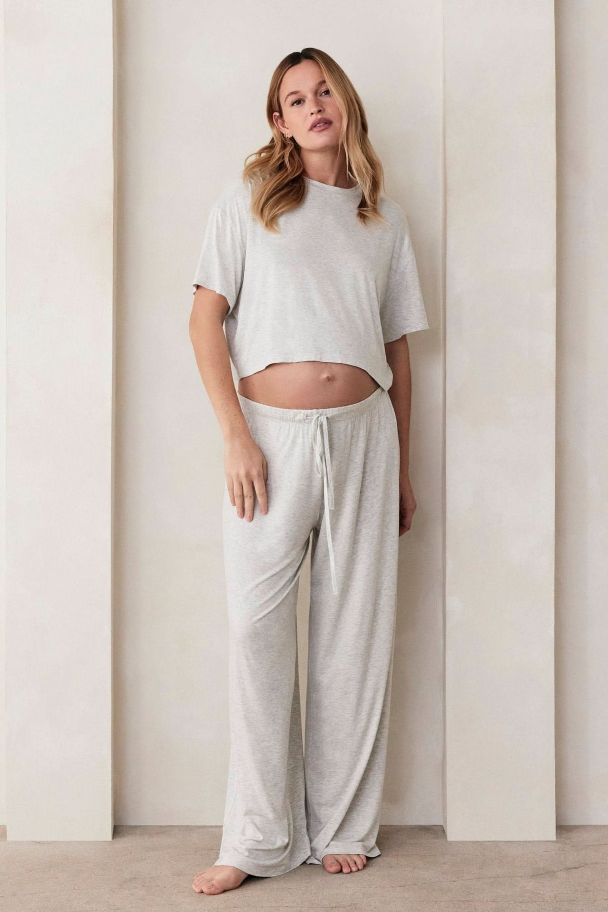 Front view of Bumpsuit The Cloud Drawstring Pant in heather grey showcasing a drawstring waist and wide legs