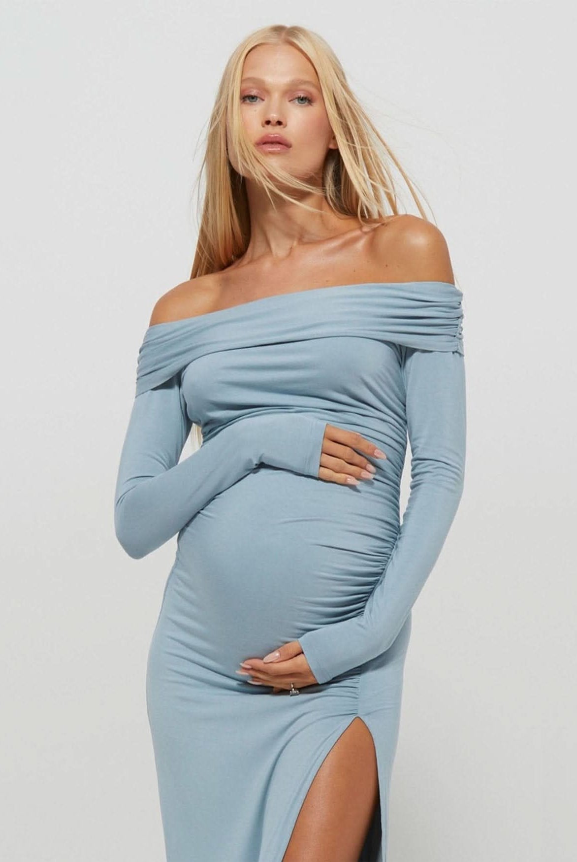 Bumpsuit Maternity Off The Shoulder Long Sleeve Evening Dress with Side Slit in Powder Blue