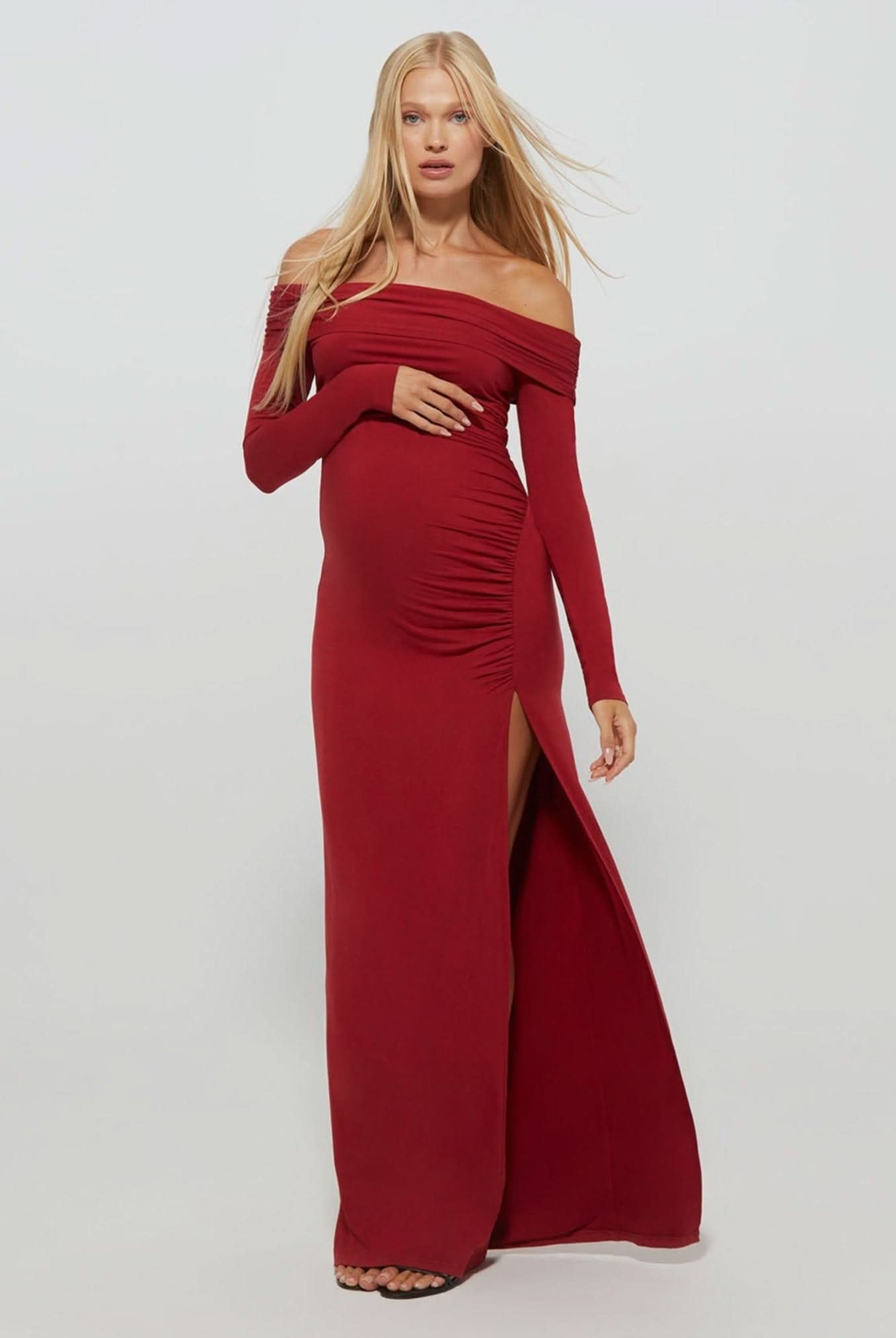 Bumpsuit Maternity Off The Shoulder Long Sleeve Evening Dress with Side Slit in Red