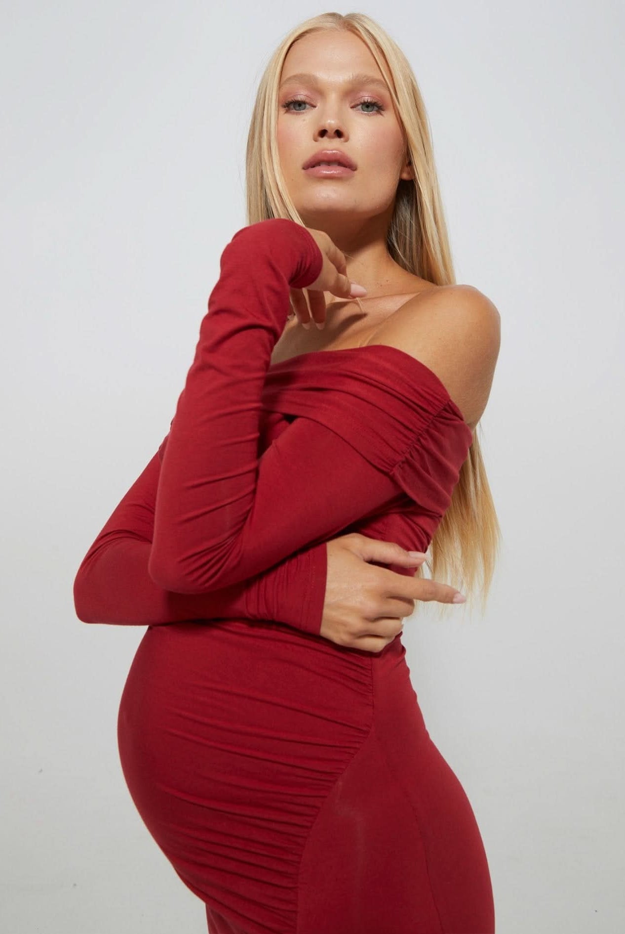 Bumpsuit Maternity Off The Shoulder Long Sleeve Evening Dress with Side Slit in Red