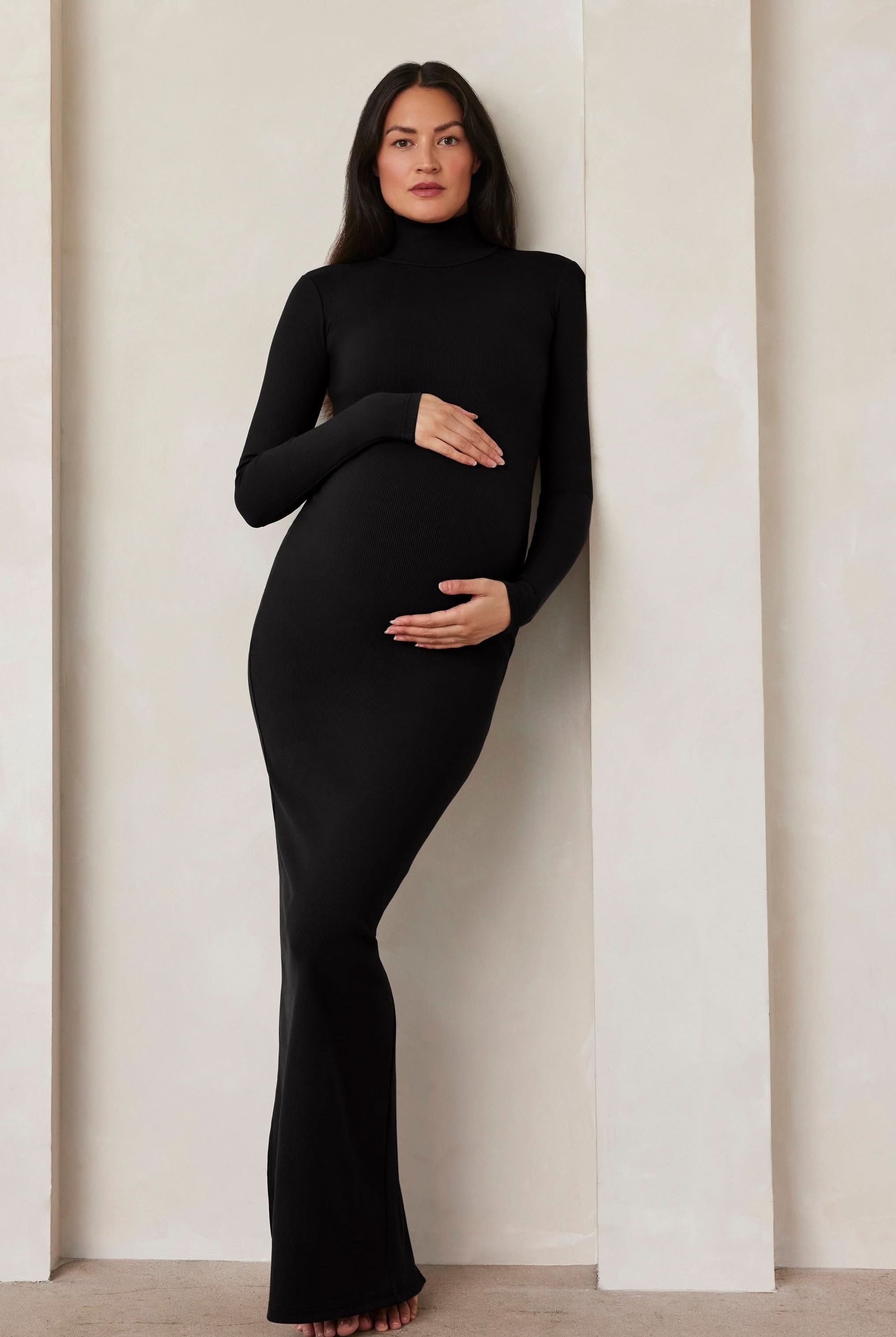 Bumpsuit maternity sculpting rib long sleeve turtleneck maxi dress in black