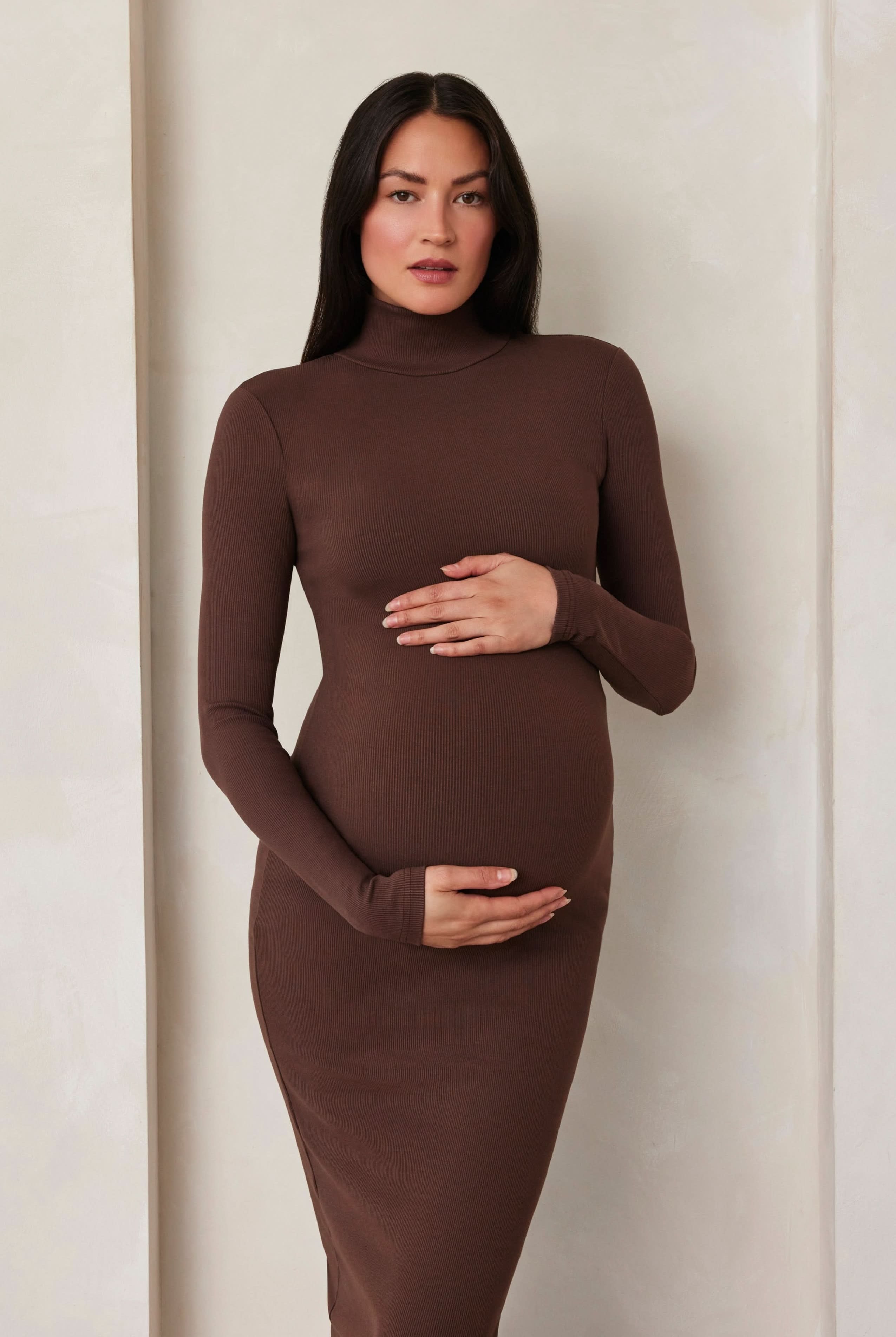 Bumpsuit maternity sculpting rib long sleeve turtleneck maxi dress in brown