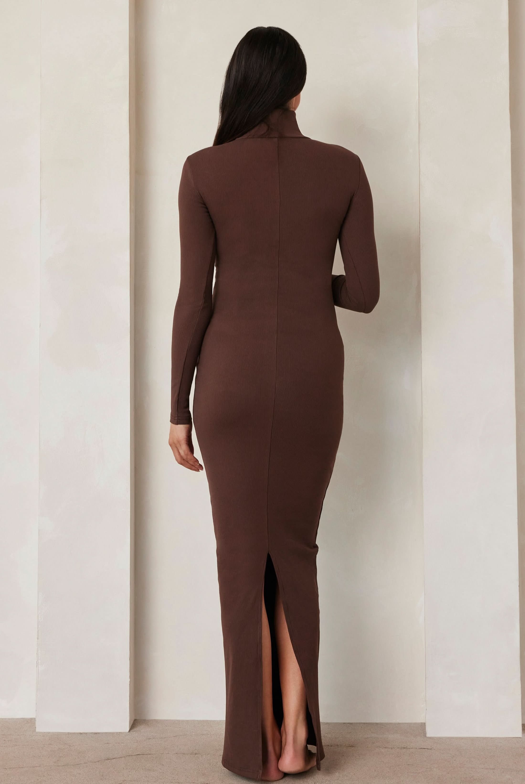Bumpsuit maternity sculpting rib long sleeve turtleneck maxi dress in brown