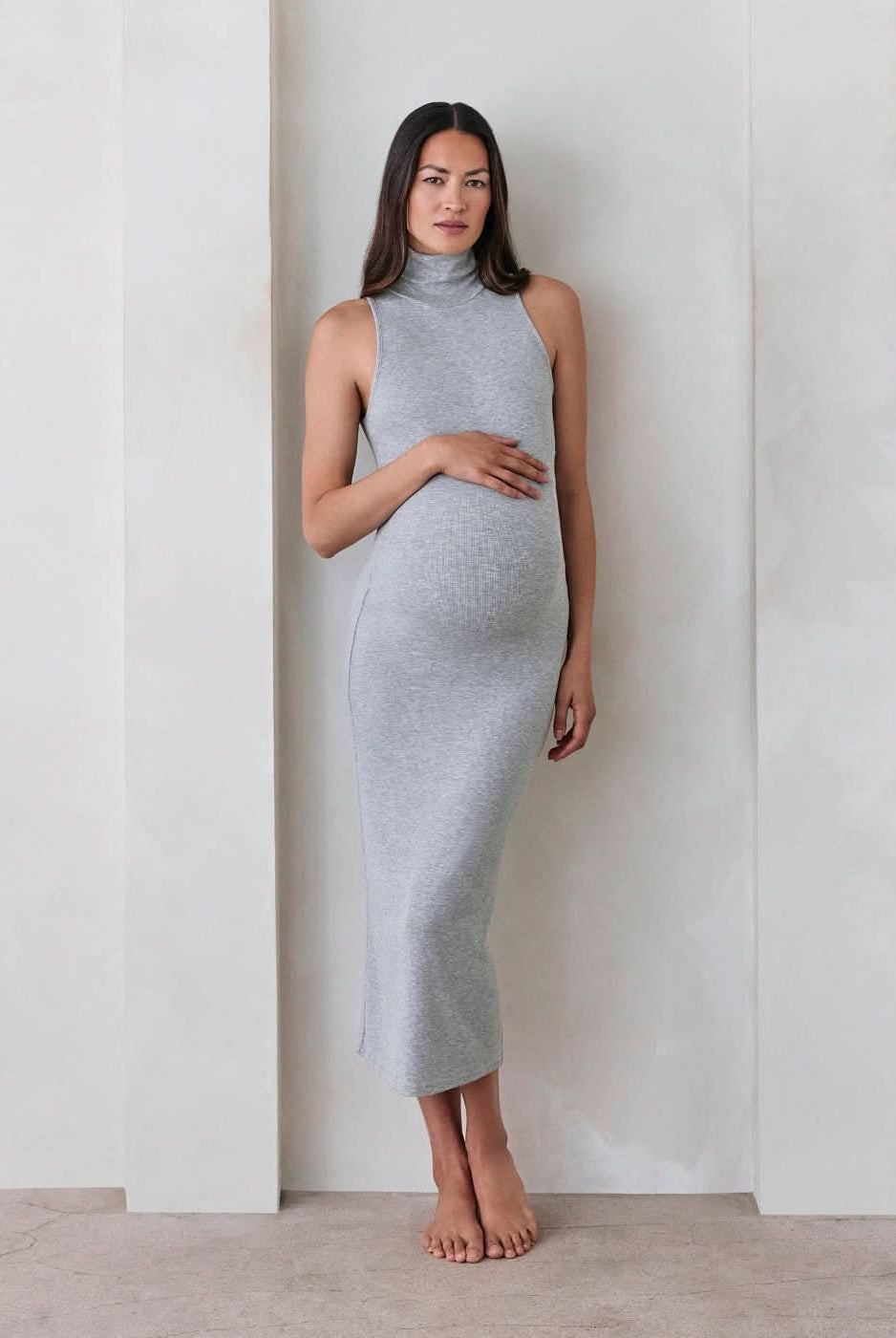 Bumpsuit Maternity Soft Rib Turtleneck Sleeveless Dress in Heather Grey
