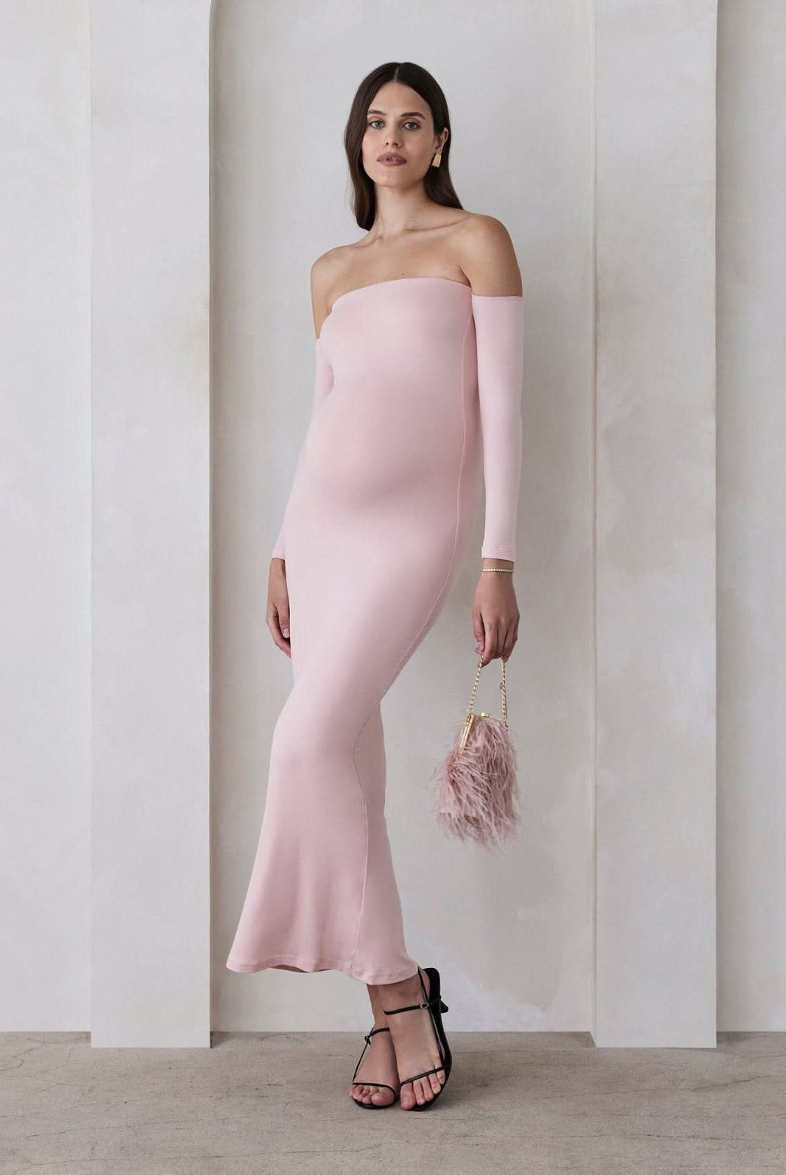 bumpsuit Maternity the angelina off the shoulder long sleeve maxi dress in dusty pink